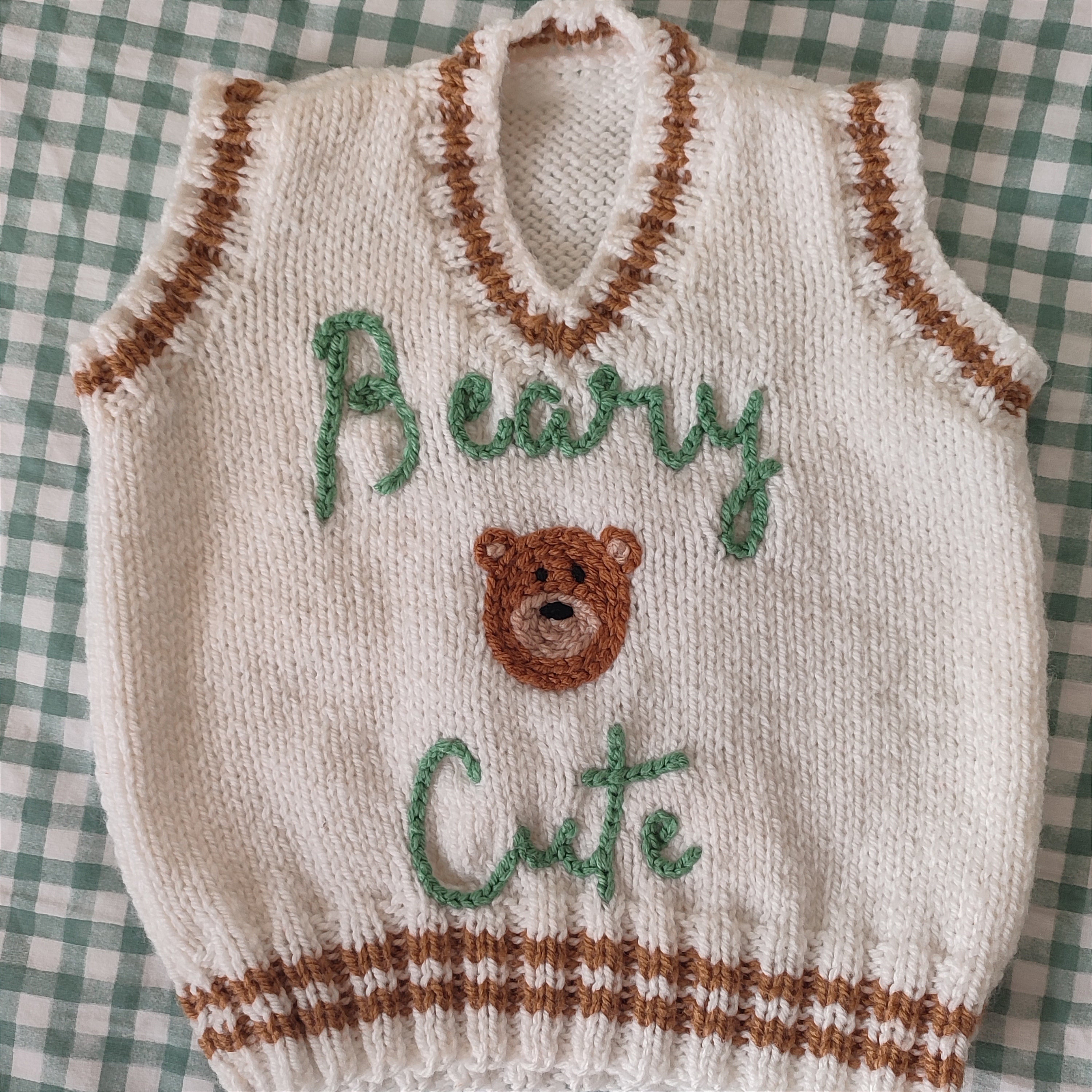 Hand knitted cream jumper vest with Beary Cute hand embroidered design. Size 1-2 years