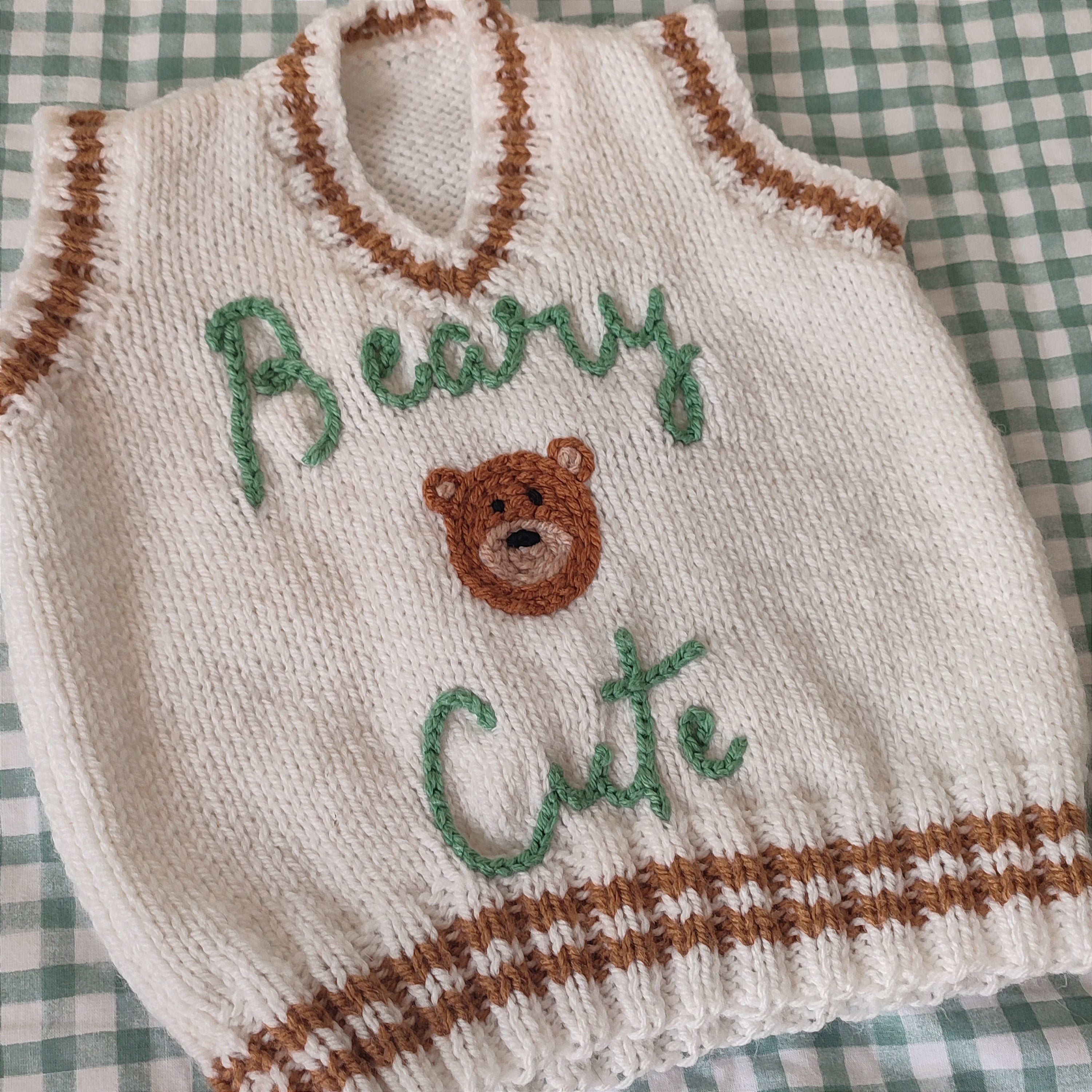 Hand knitted cream jumper vest with Beary Cute hand embroidered design. Size 1-2 years