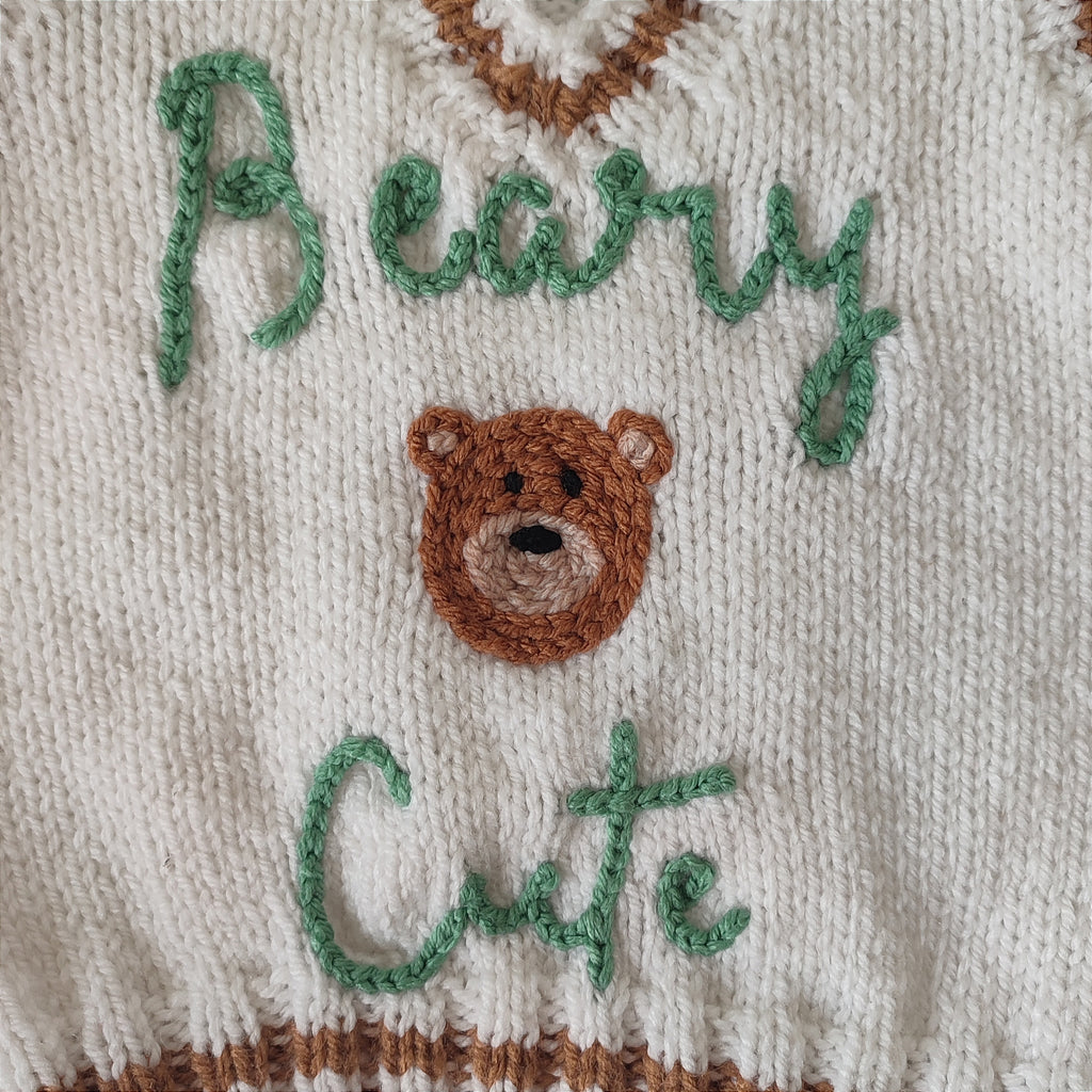 Hand knitted cream jumper vest with Beary Cute hand embroidered design. Size 1-2 years