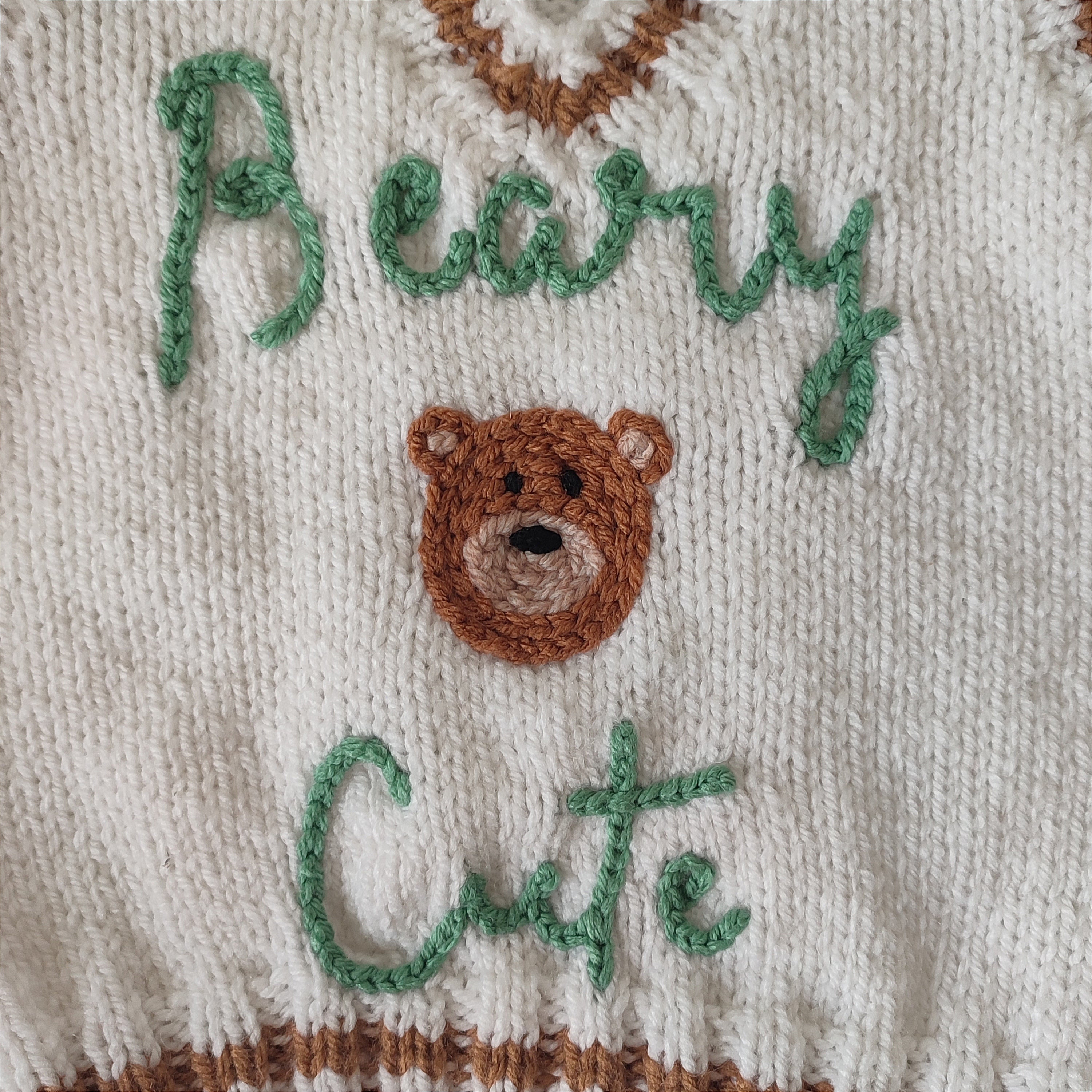 Hand knitted cream jumper vest with Beary Cute hand embroidered design. Size 1-2 years