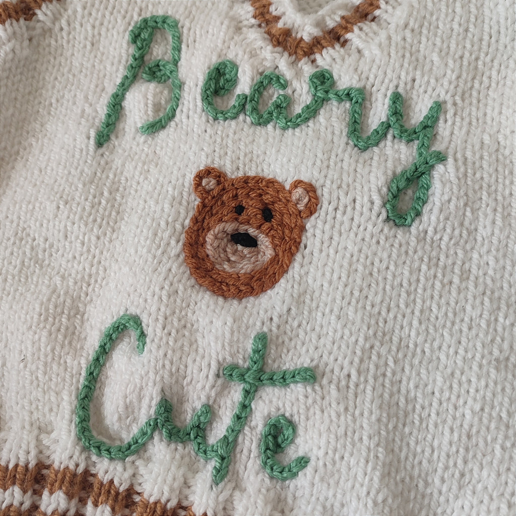 Hand knitted cream jumper vest with Beary Cute hand embroidered design. Size 1-2 years