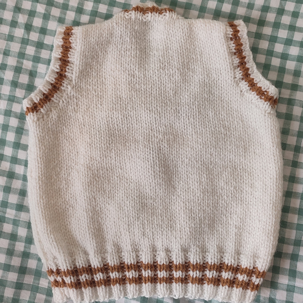 Hand knitted cream jumper vest with Beary Cute hand embroidered design. Size 1-2 years
