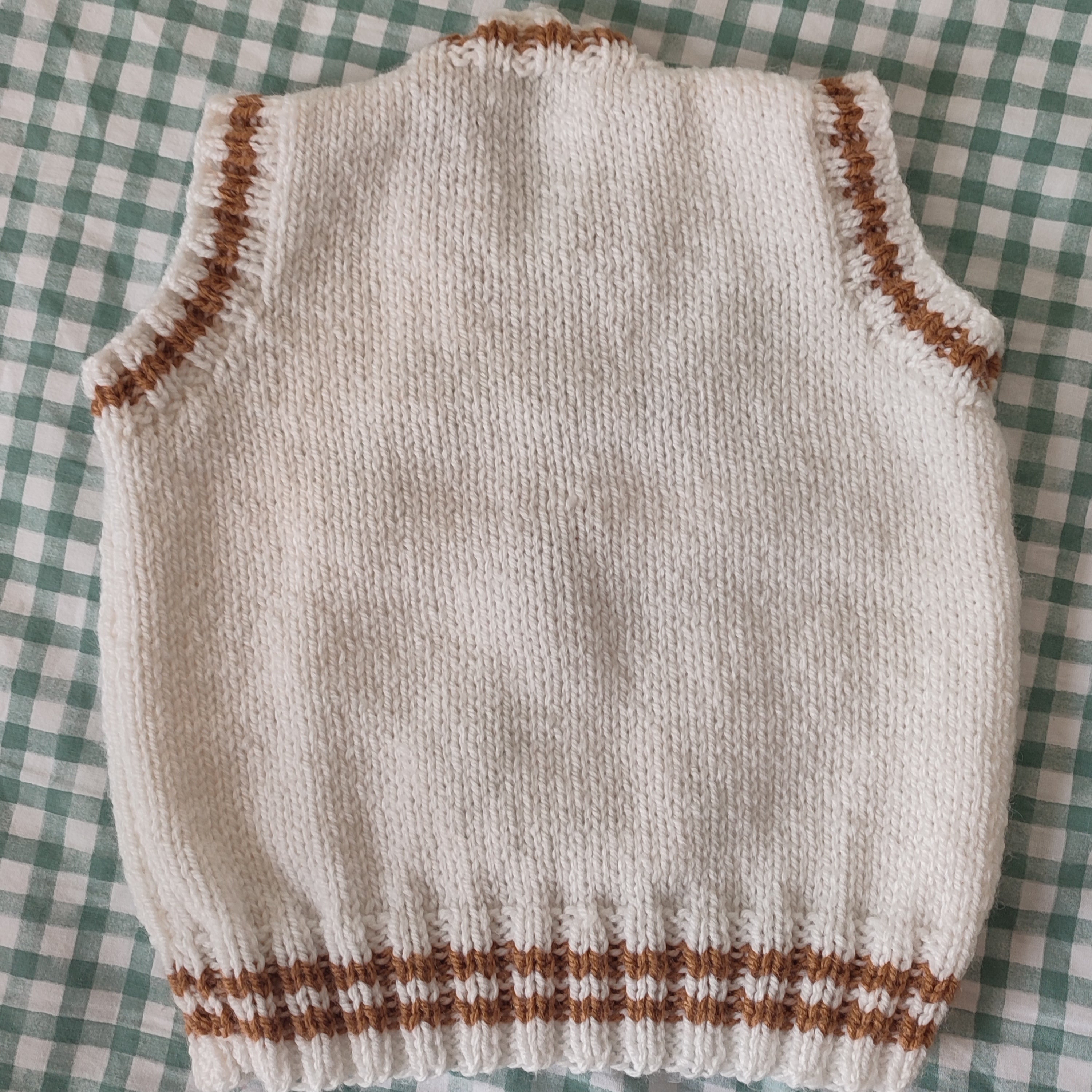 Hand knitted cream jumper vest with Beary Cute hand embroidered design. Size 1-2 years