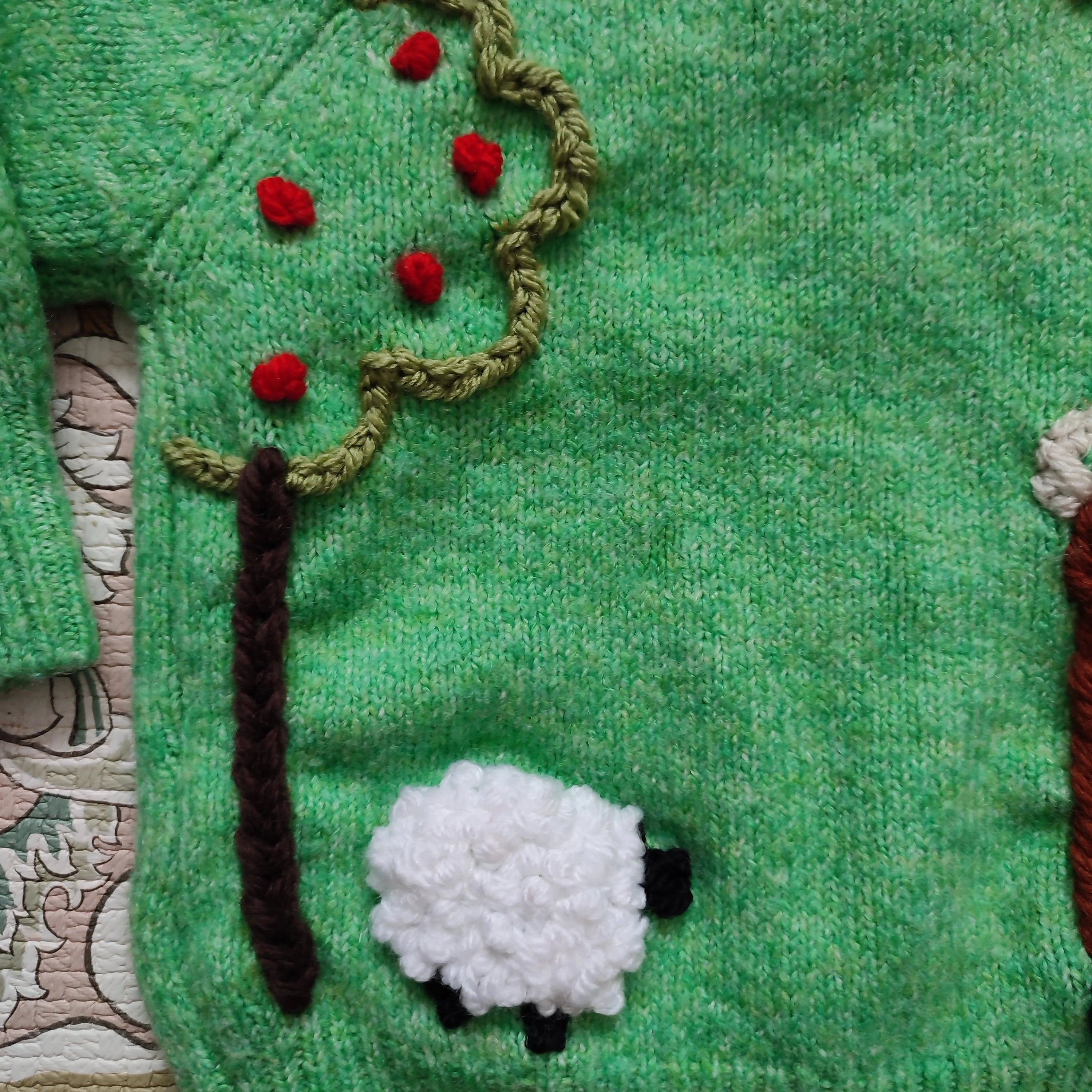 Hand Embroidered Green Farm Jumper with tractor and Highland Cow, 12-18 Months