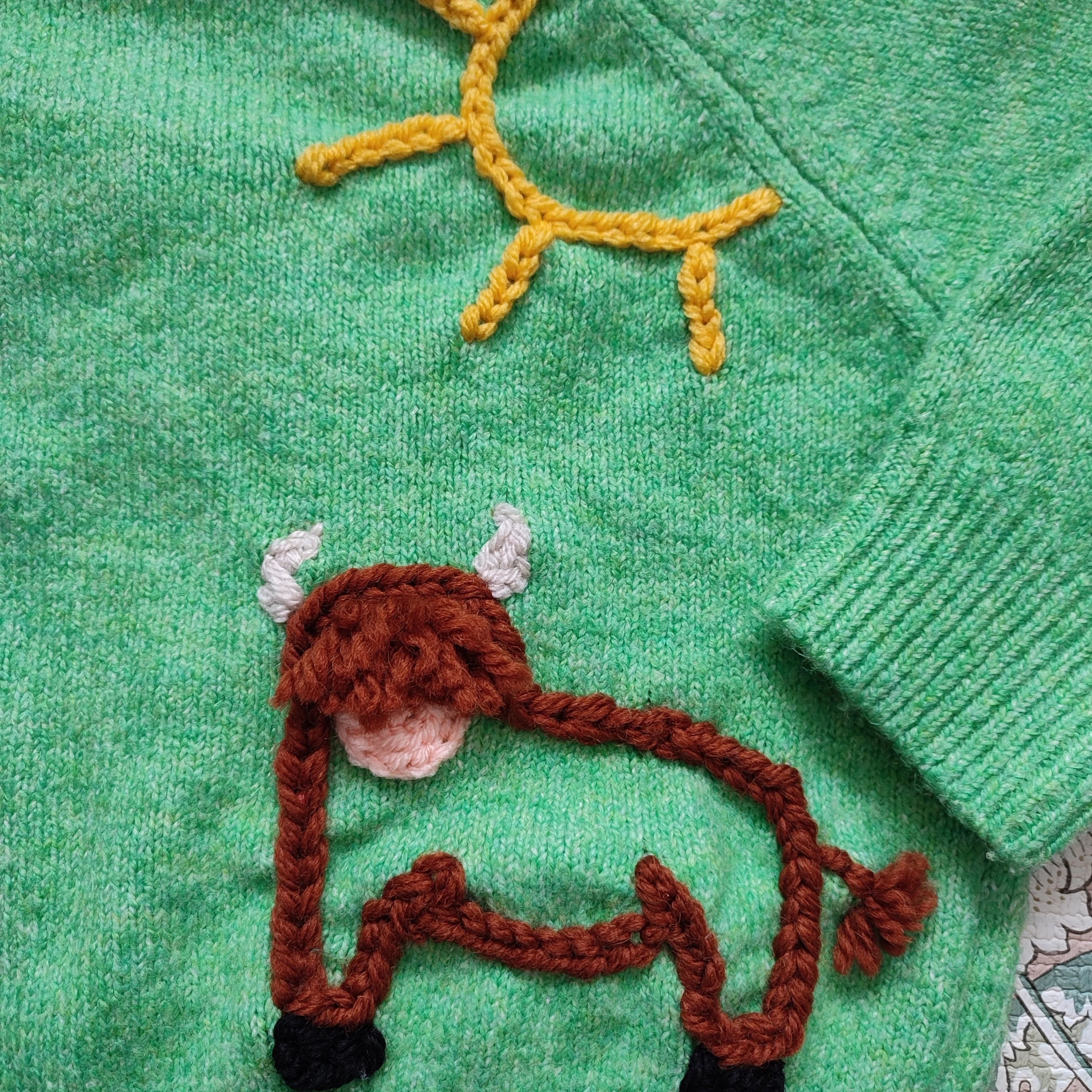 Hand Embroidered Green Farm Jumper with tractor and Highland Cow, 12-18 Months