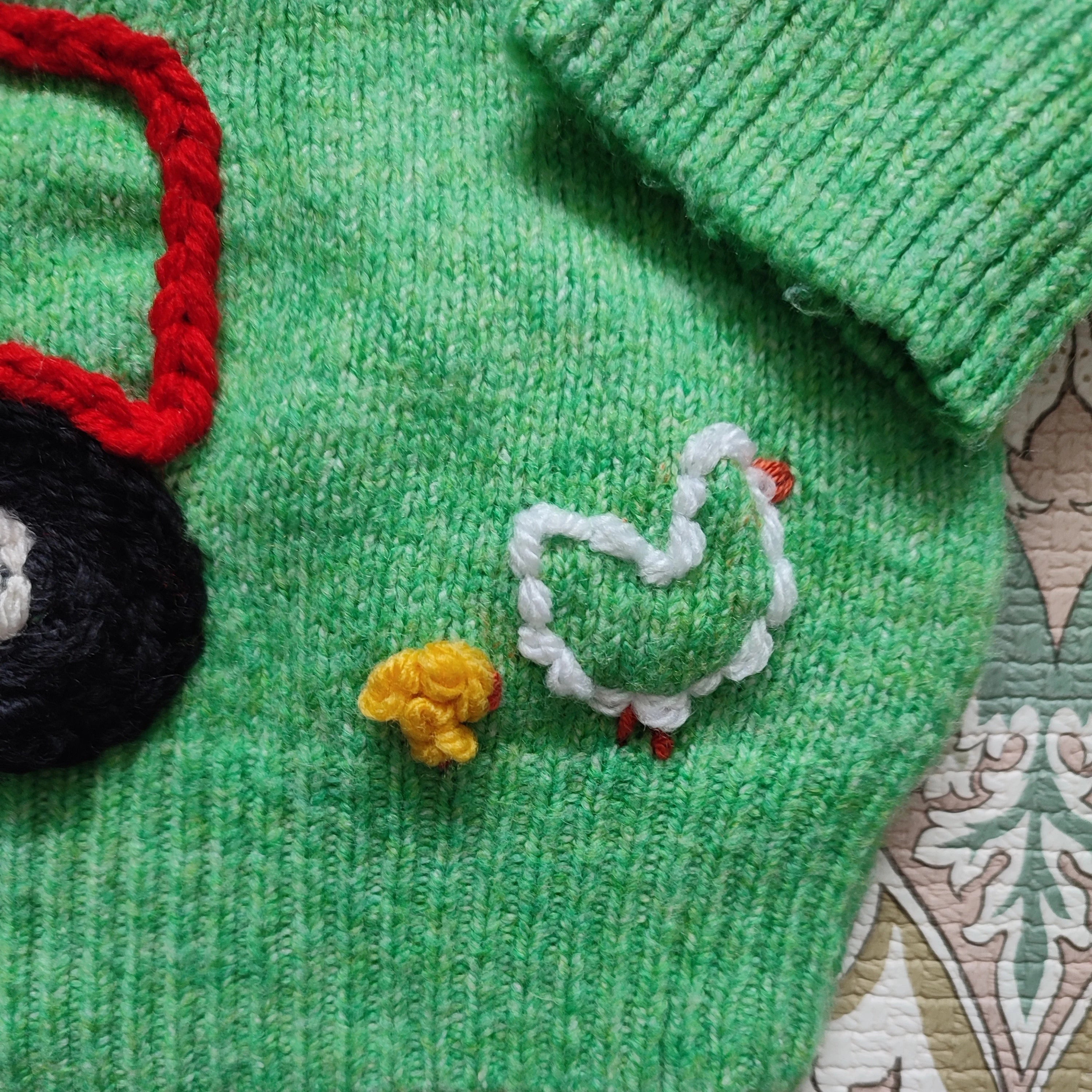 Hand Embroidered Green Farm Jumper with tractor and Highland Cow, 12-18 Months