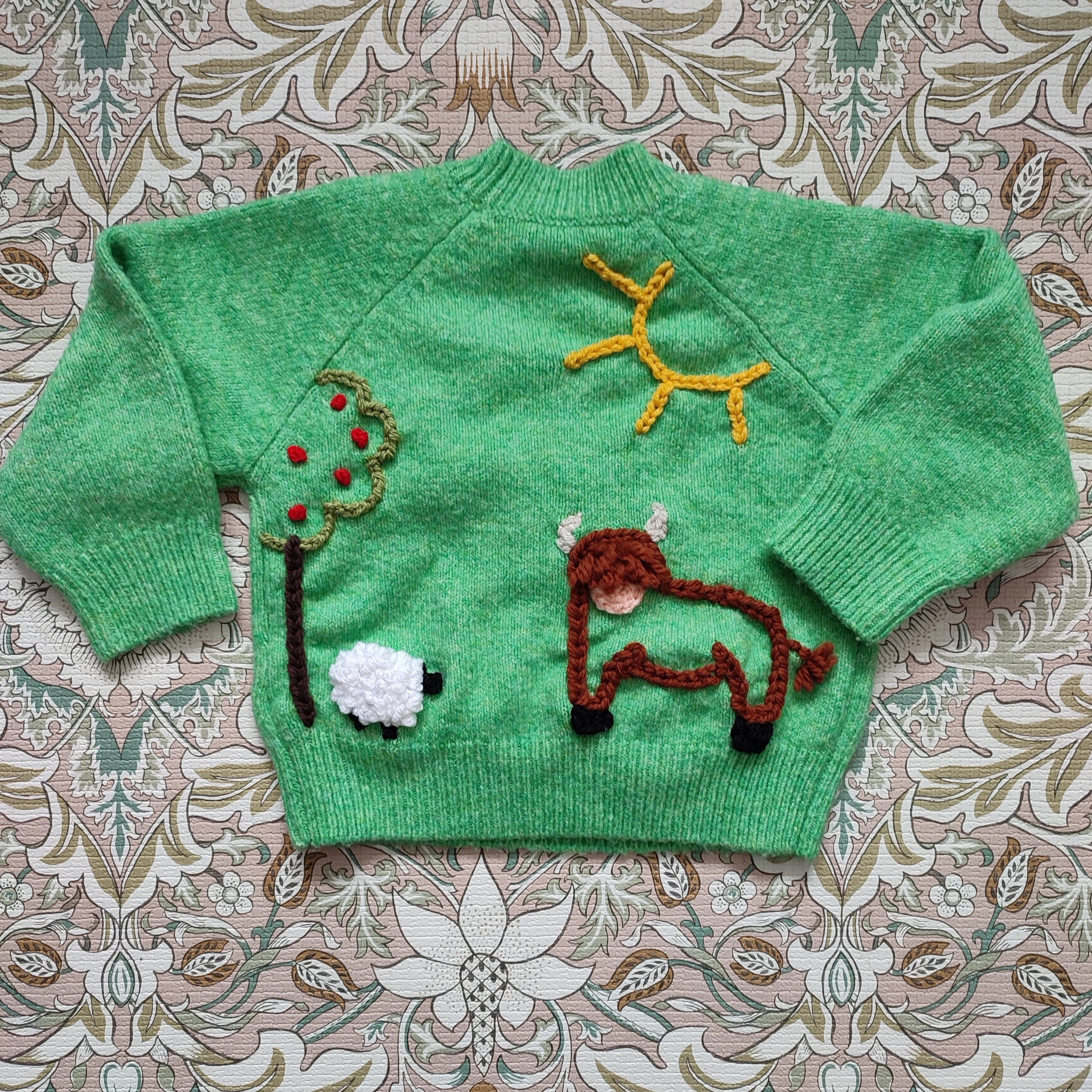Hand Embroidered Green Farm Jumper with tractor and Highland Cow, 12-18 Months