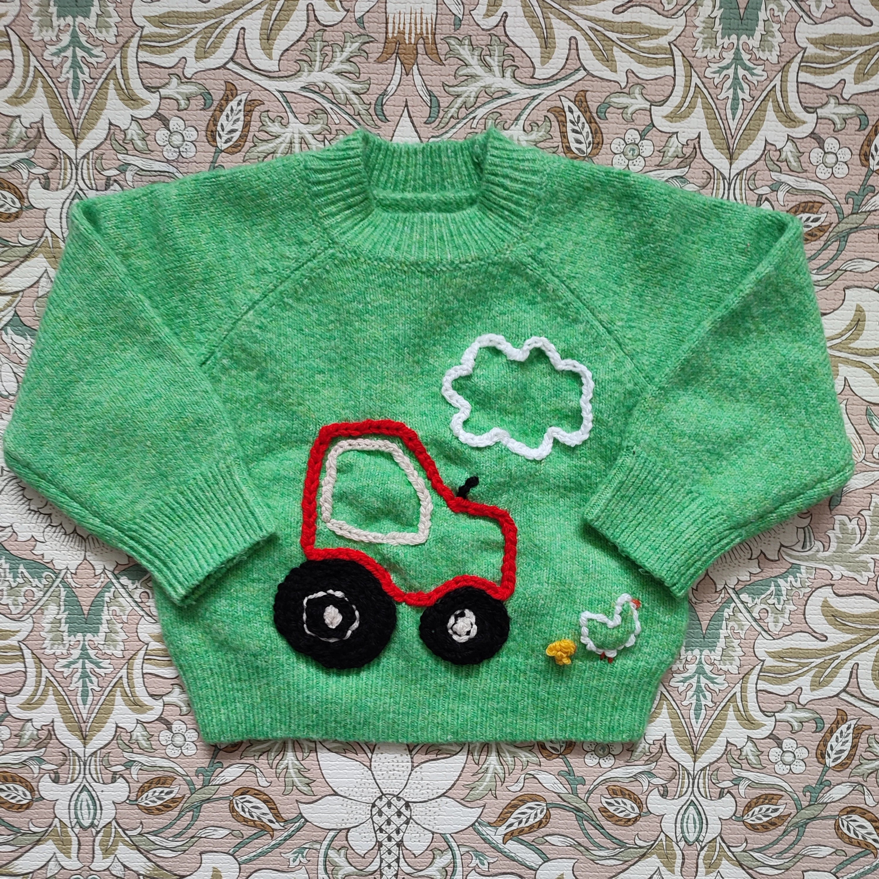 Hand Embroidered Green Farm Jumper with tractor and Highland Cow, 12-18 Months