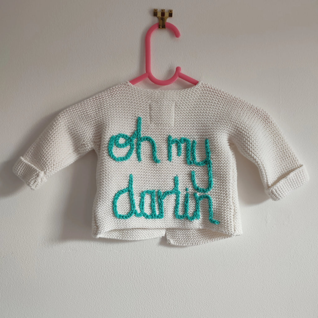 Handmade 'Oh my darlin' Baby Cardigan, Newborn Knit Jumper (0-3 Months)