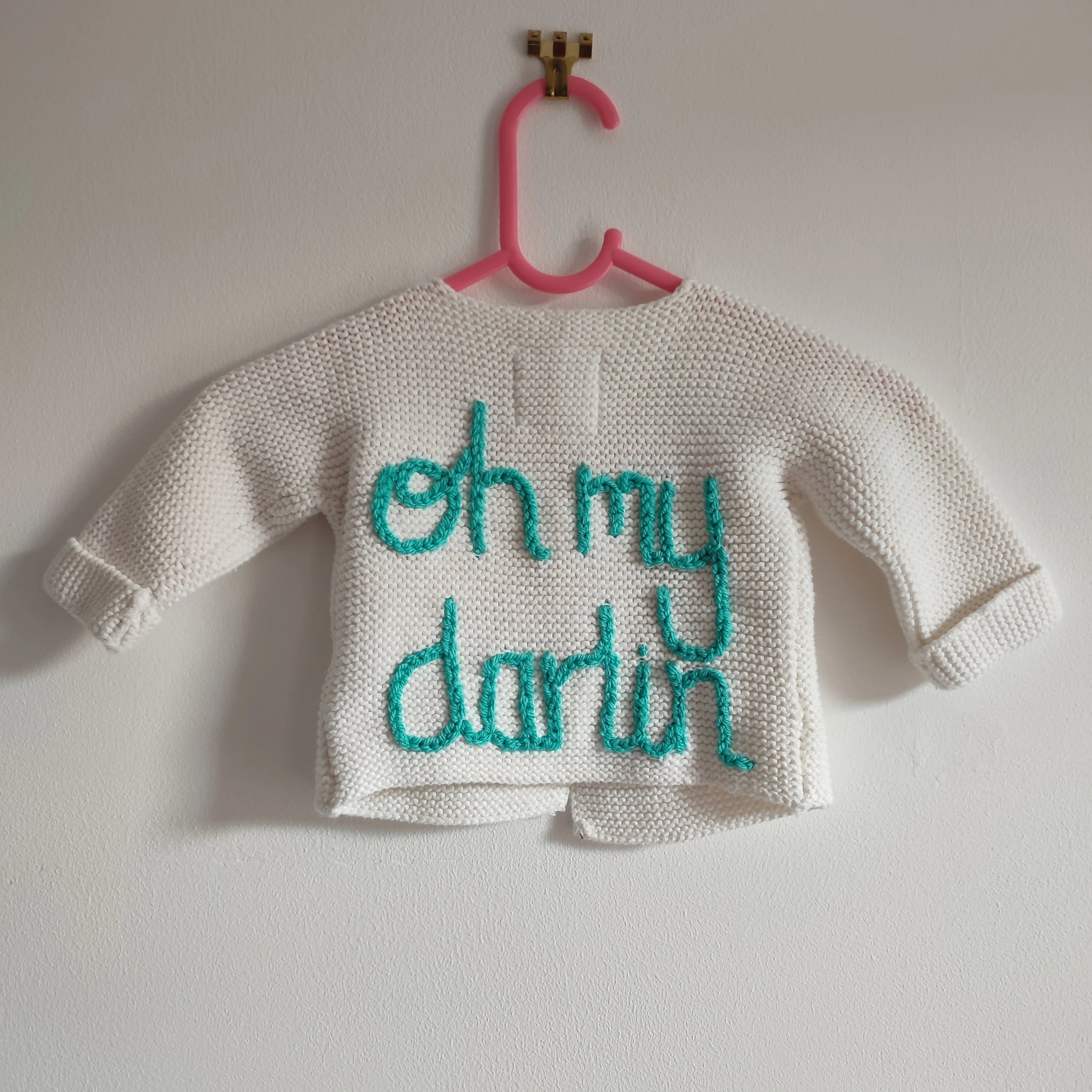 Handmade 'Oh my darlin' Baby Cardigan, Newborn Knit Jumper (0-3 Months)