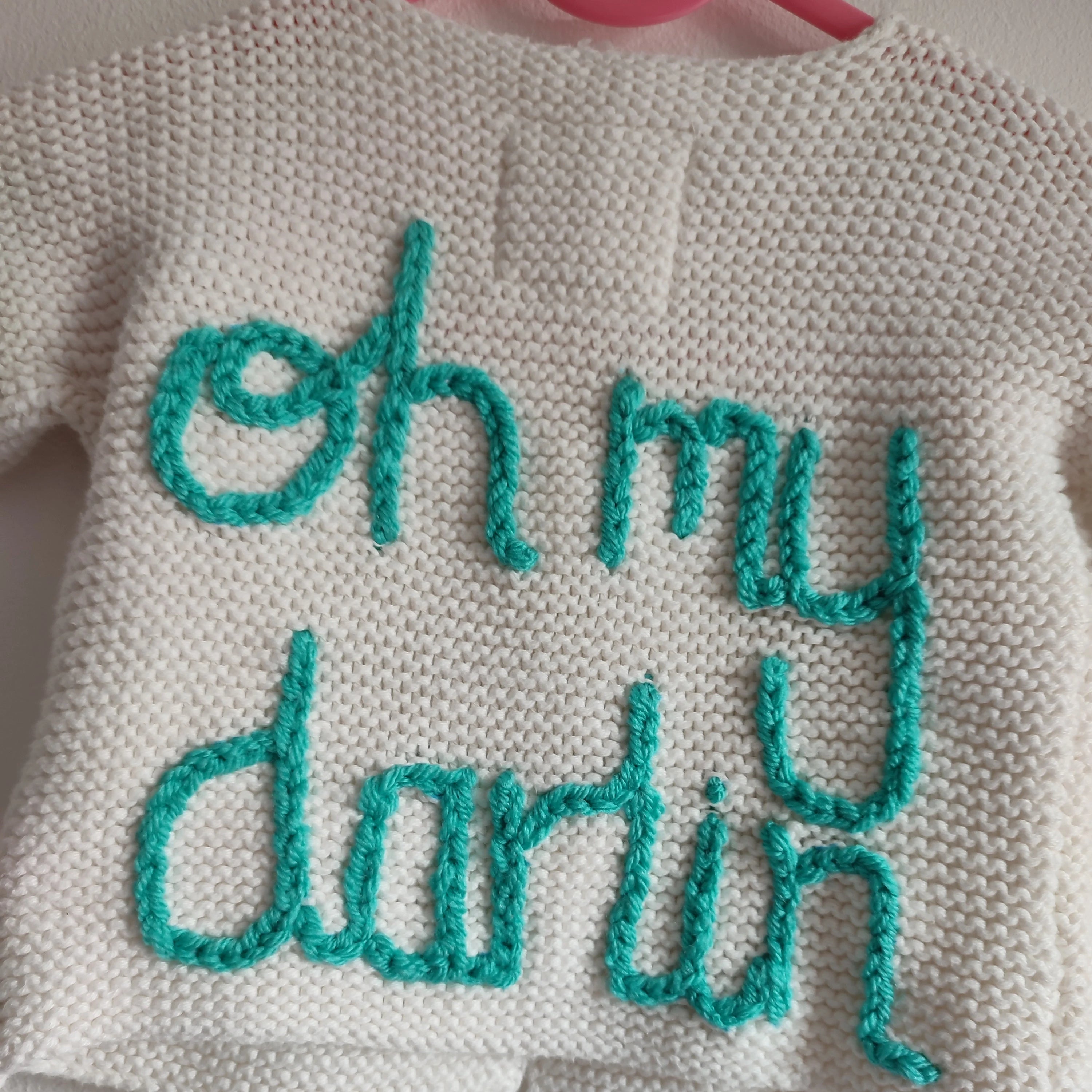 Handmade 'Oh my darlin' Baby Cardigan, Newborn Knit Jumper (0-3 Months)