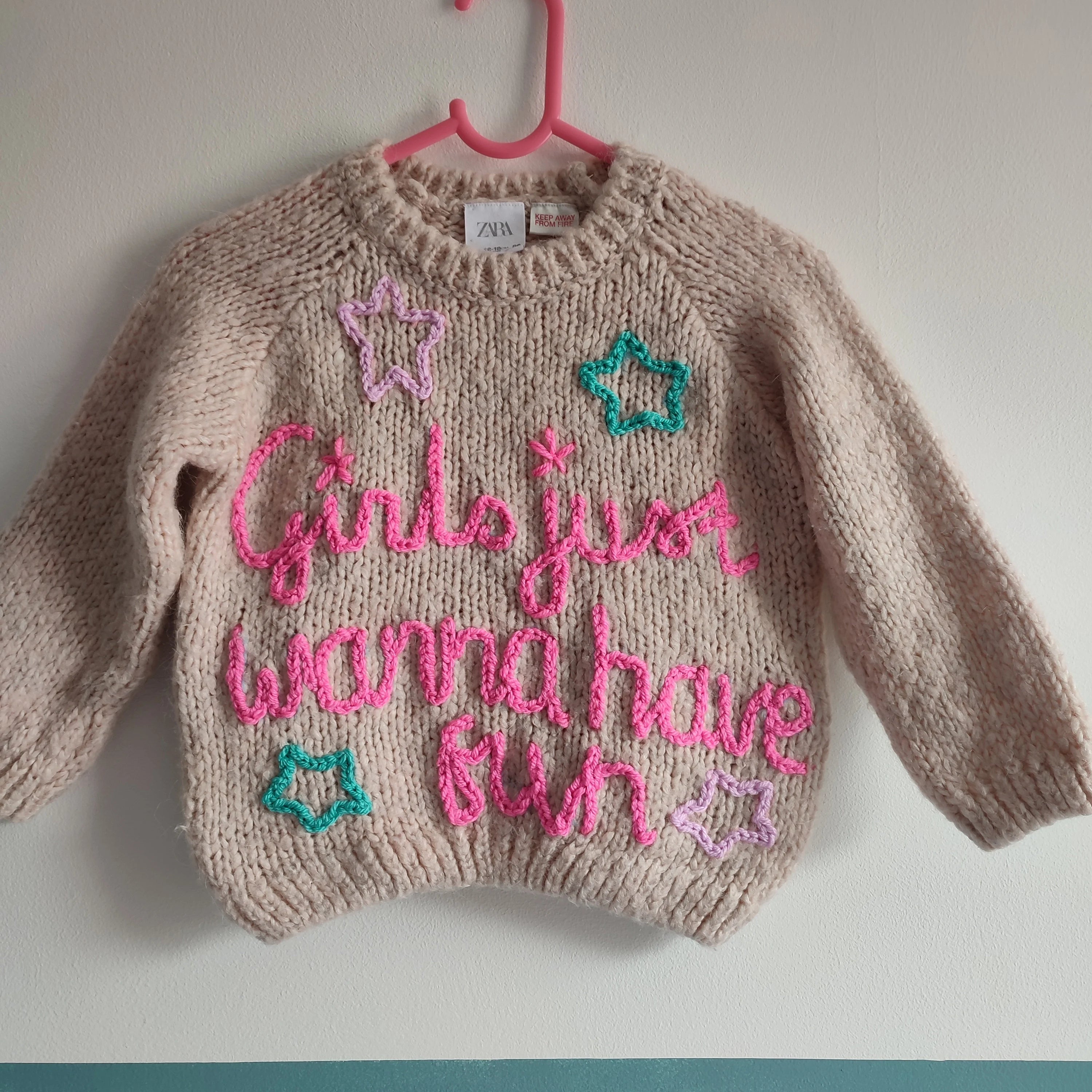 Handmade Embroidered Toddler Jumper, Girls Just Want to Have Fun, 12-18 Months