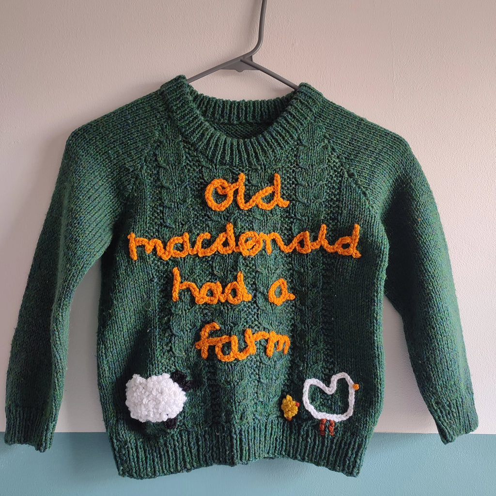 Handmade Knit Kids Jumper, Old MacDonald Farm Design, Size 6-7