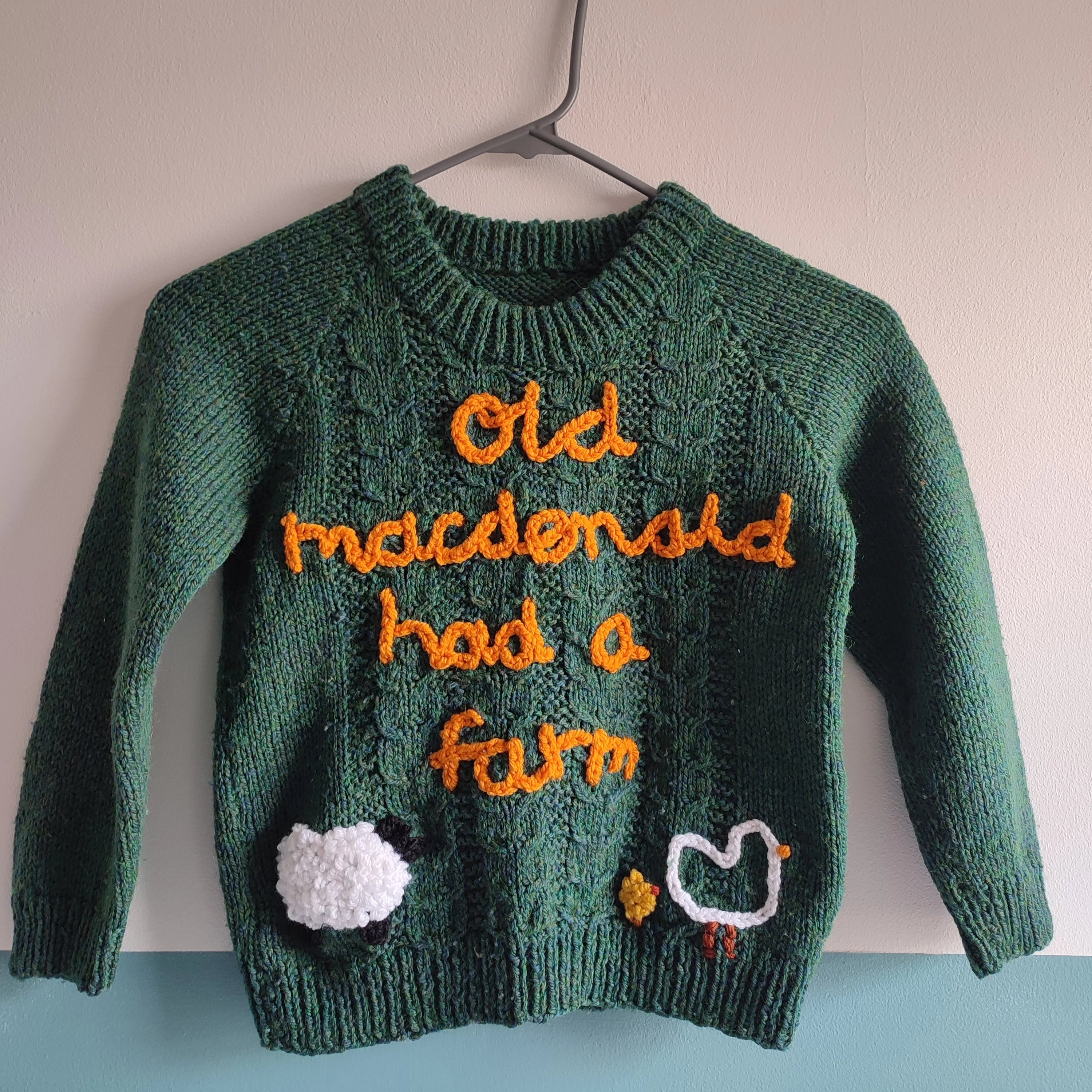 Handmade Knit Kids Jumper, Old MacDonald Farm Design, Size 6-7