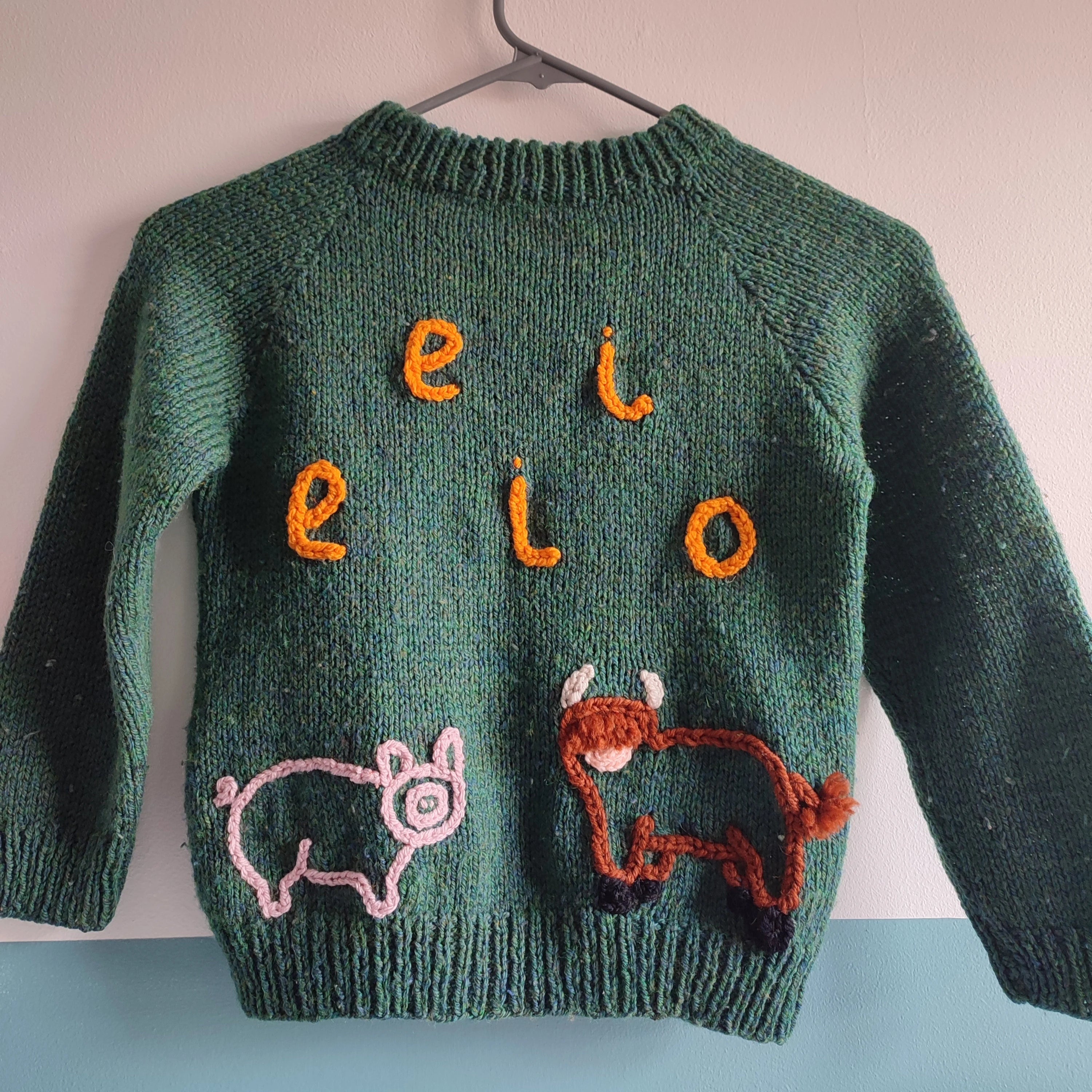 Handmade Knit Kids Jumper, Old MacDonald Farm Design, Size 6-7