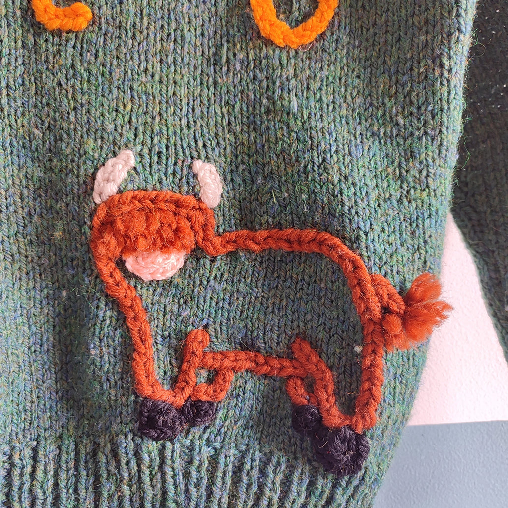 Handmade Knit Kids Jumper, Old MacDonald Farm Design, Size 6-7