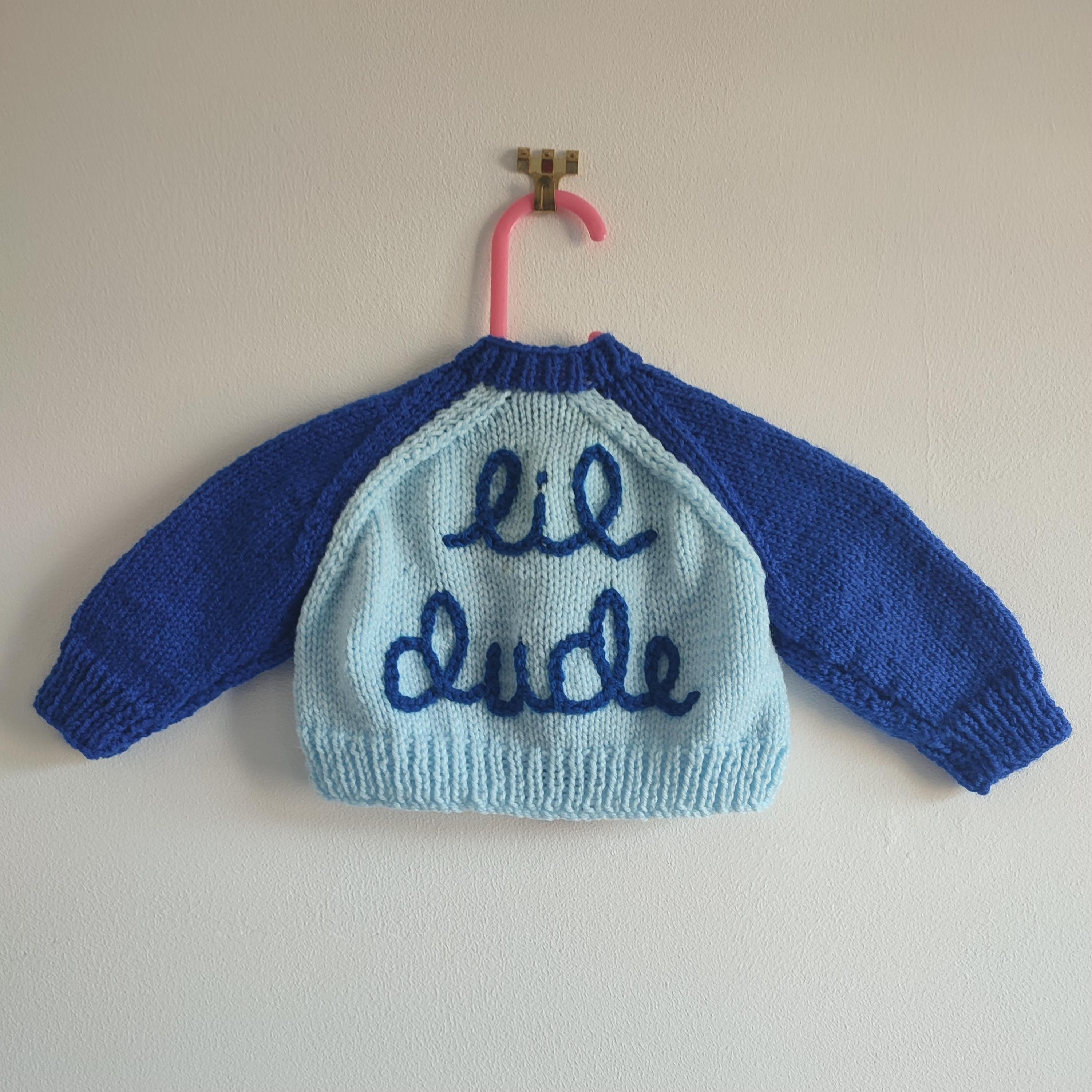 Handmade Embroidered 'lil dude' Baby Cardigan, Blue Knit (0-3 Months)