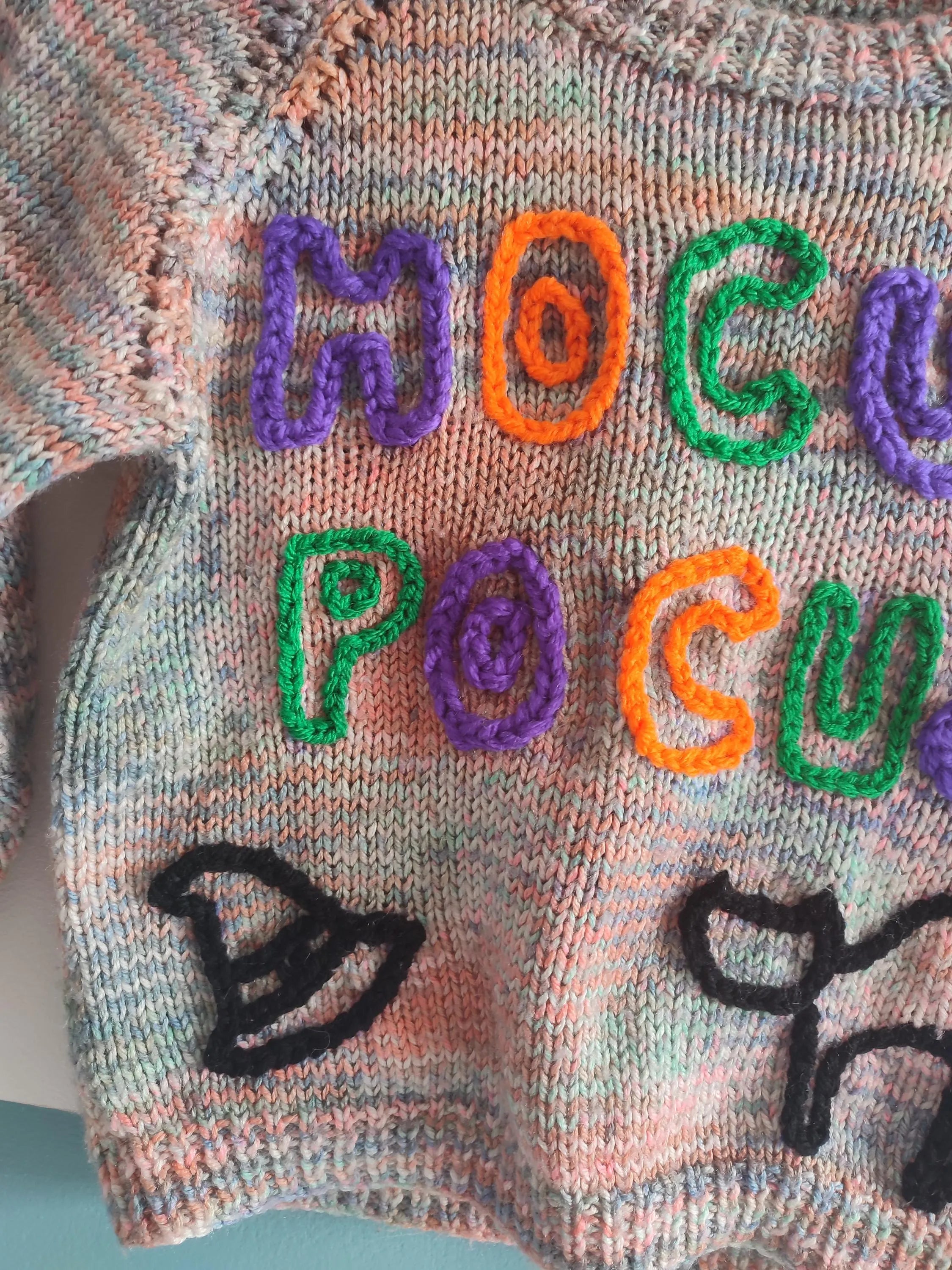 Hand embroidered hocus pocus Halloween jumper. Handmade knit with rainbow wool. Size 3-4 years