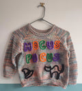 Hand embroidered hocus pocus Halloween jumper. Handmade knit with rainbow wool. Size 3-4 years