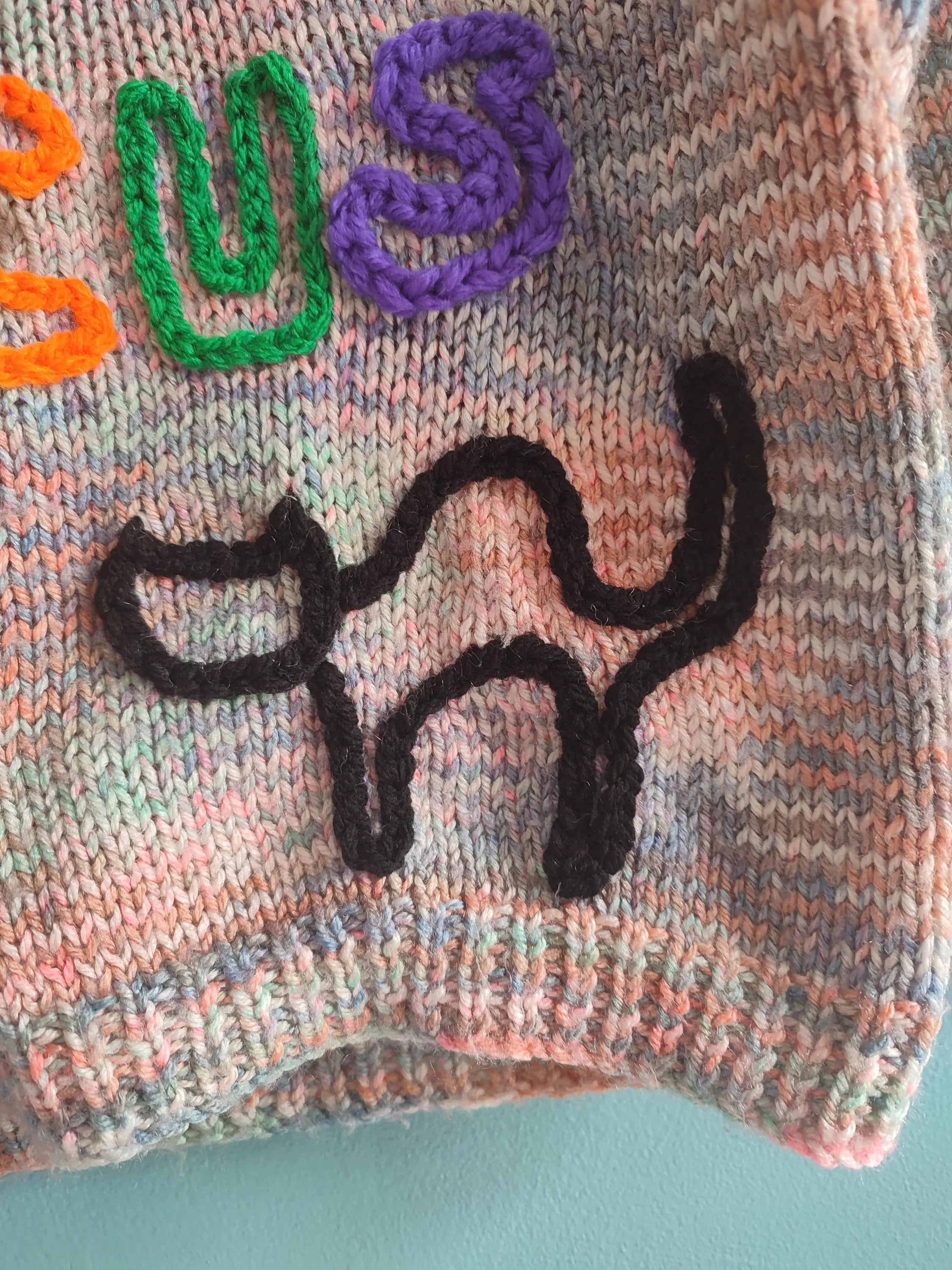 Hand embroidered hocus pocus Halloween jumper. Handmade knit with rainbow wool. Size 3-4 years