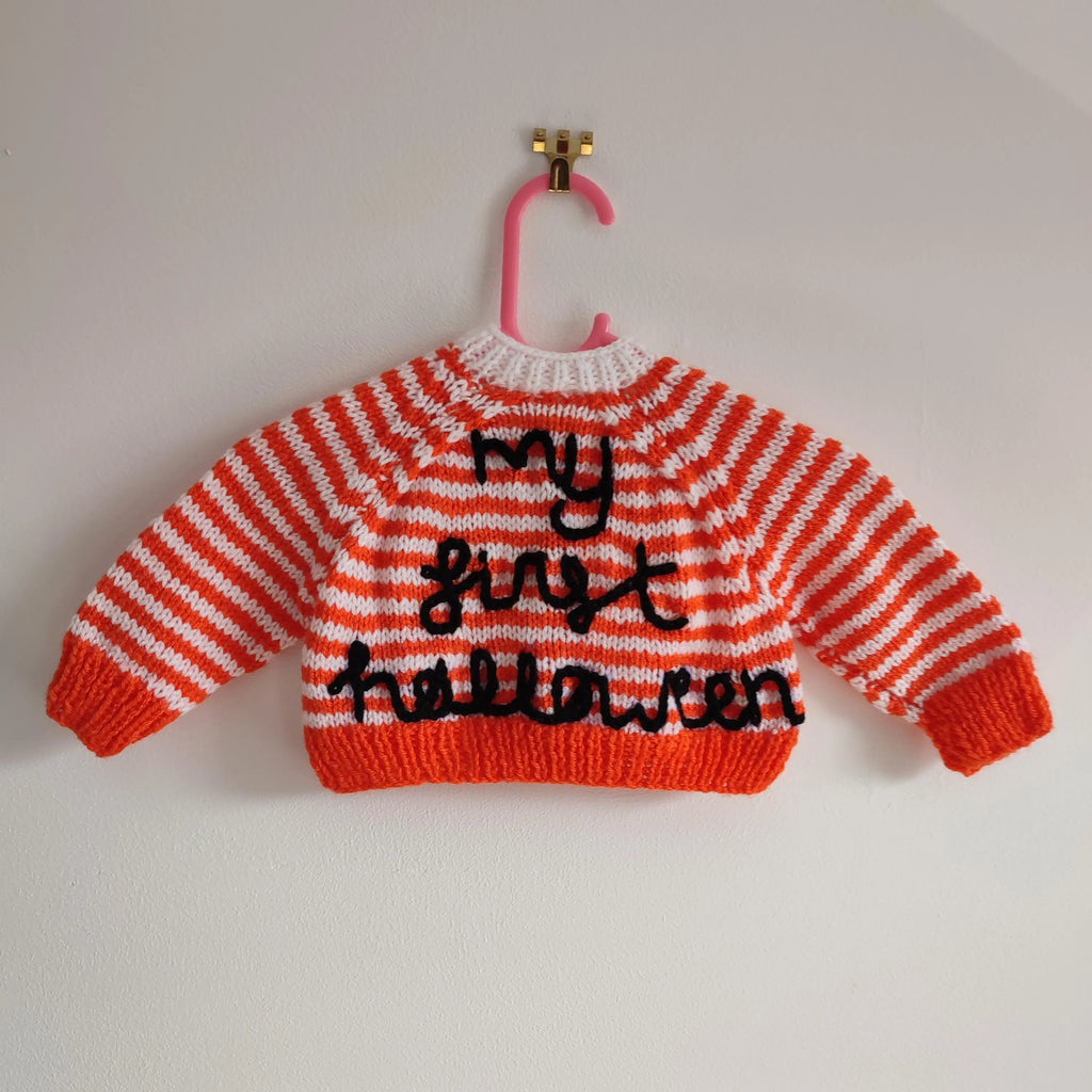 Handmade Baby's First Halloween Cardigan, Orange & White Knit (0-3 Months)