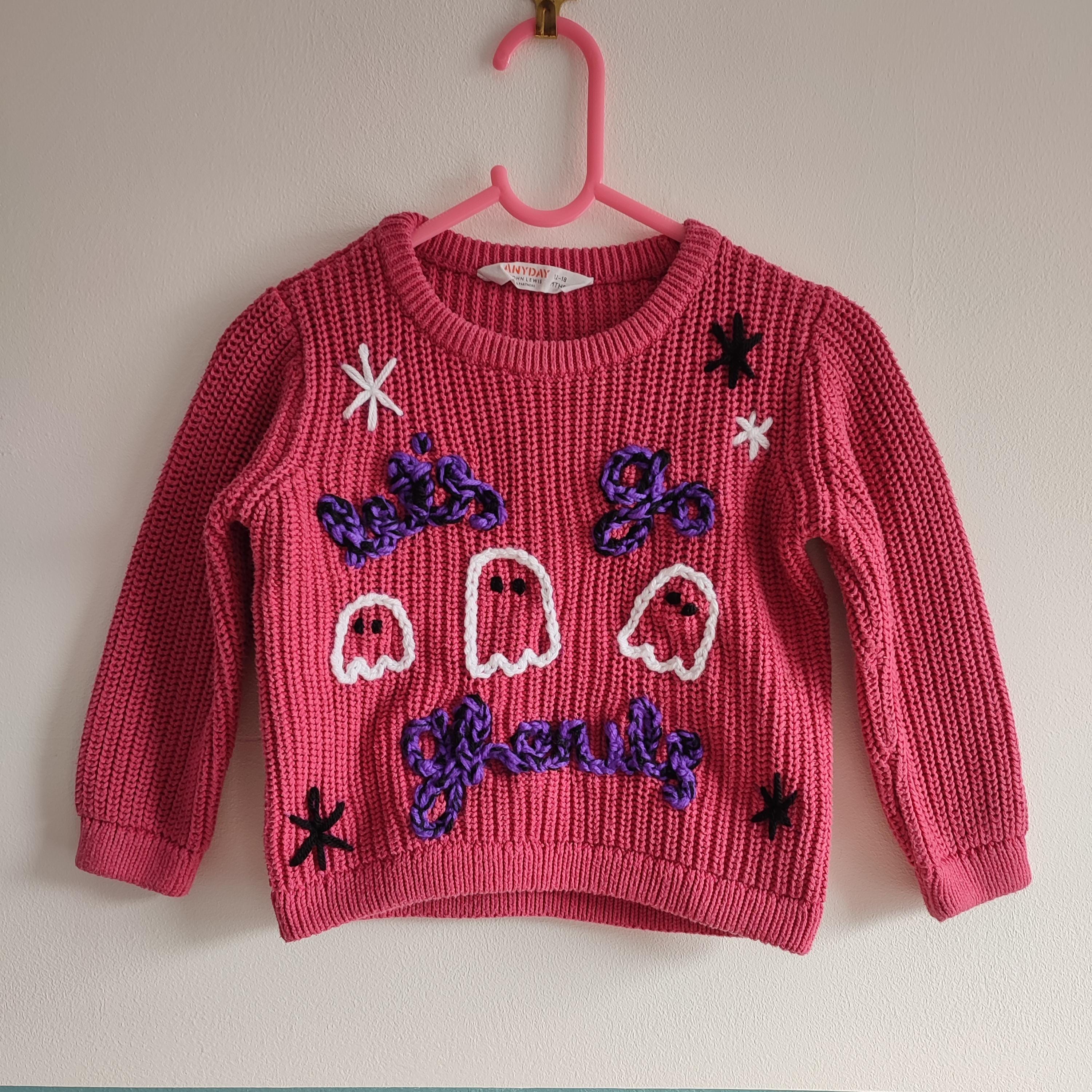 Hand Embroidered Halloween Jumper, Pink Ghost Sweater, 12-18 Months