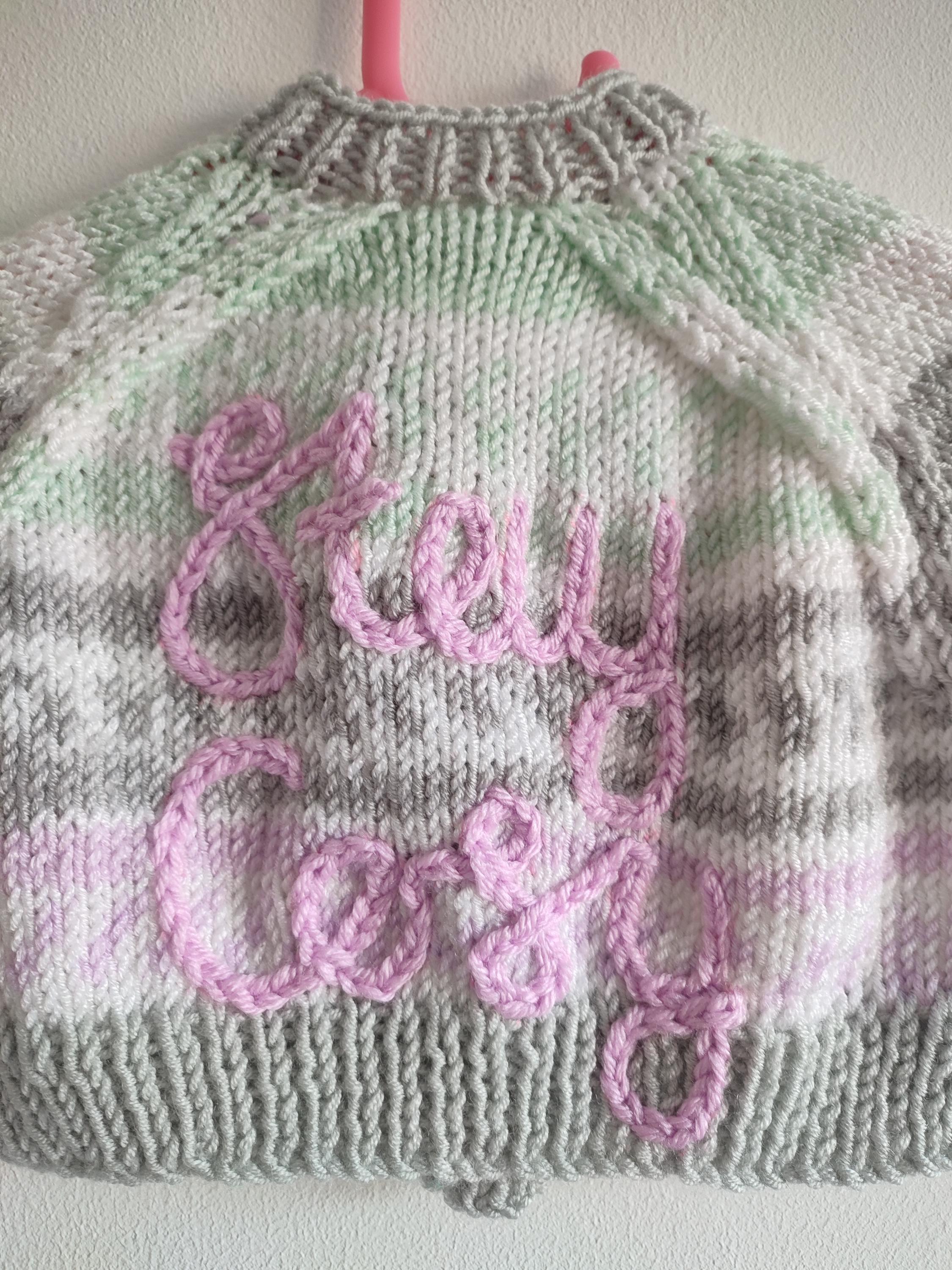 Hand Knitted Baby Cardigan, Embroidered Wool Sweater (0-3 Months)