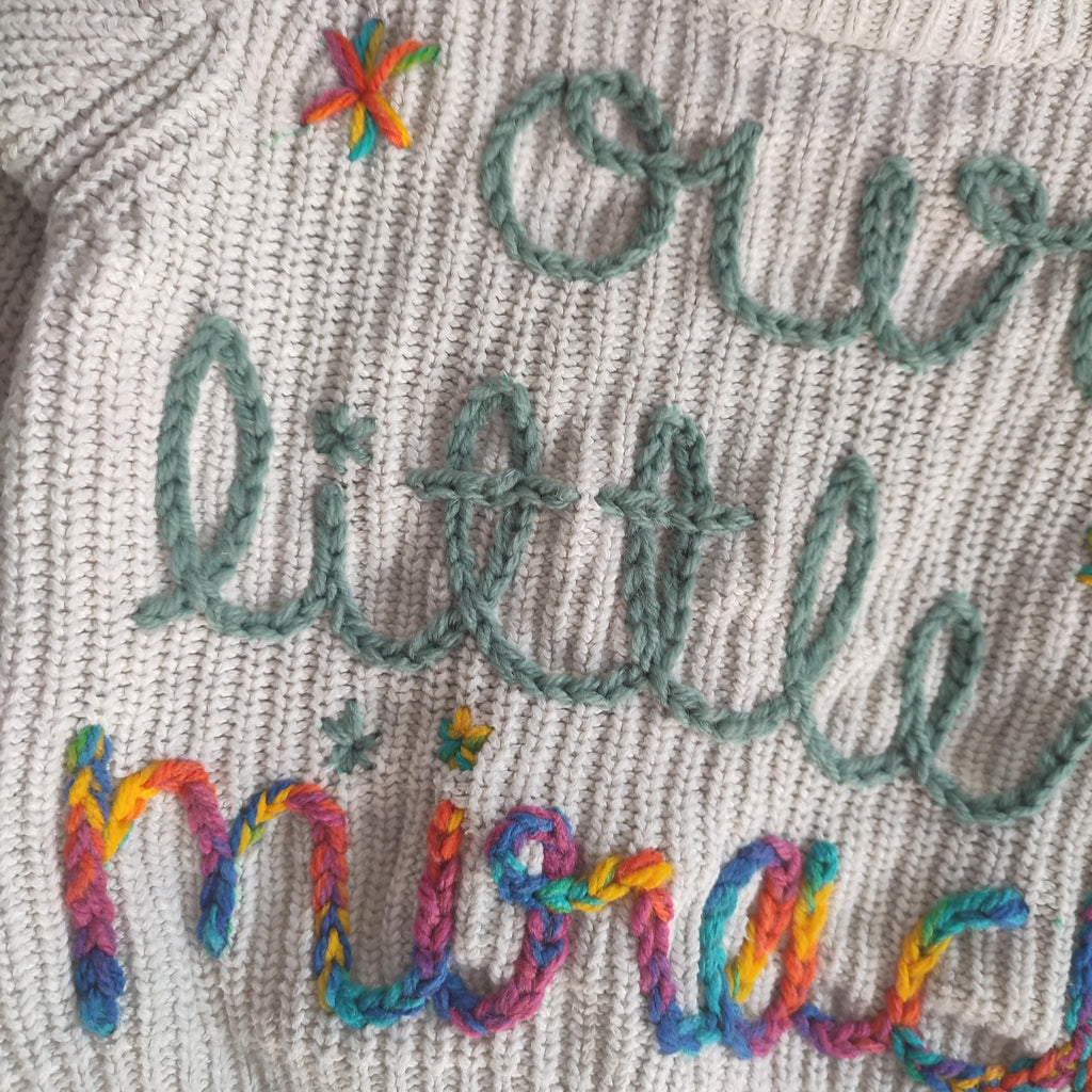 Hand embroidered our little miracle rainbow baby cardigan. Size 3-6 months