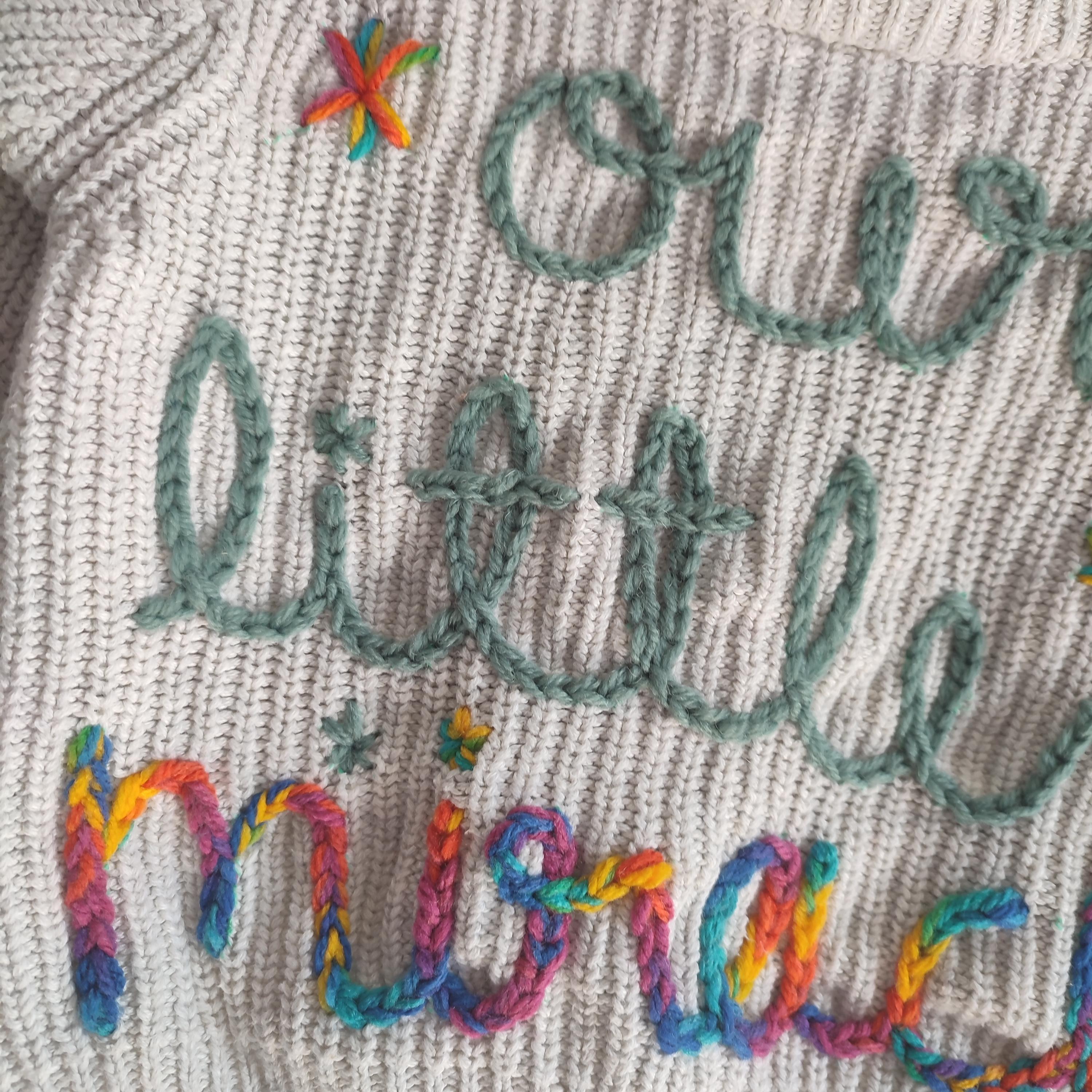 Hand embroidered our little miracle rainbow baby cardigan. Size 3-6 months