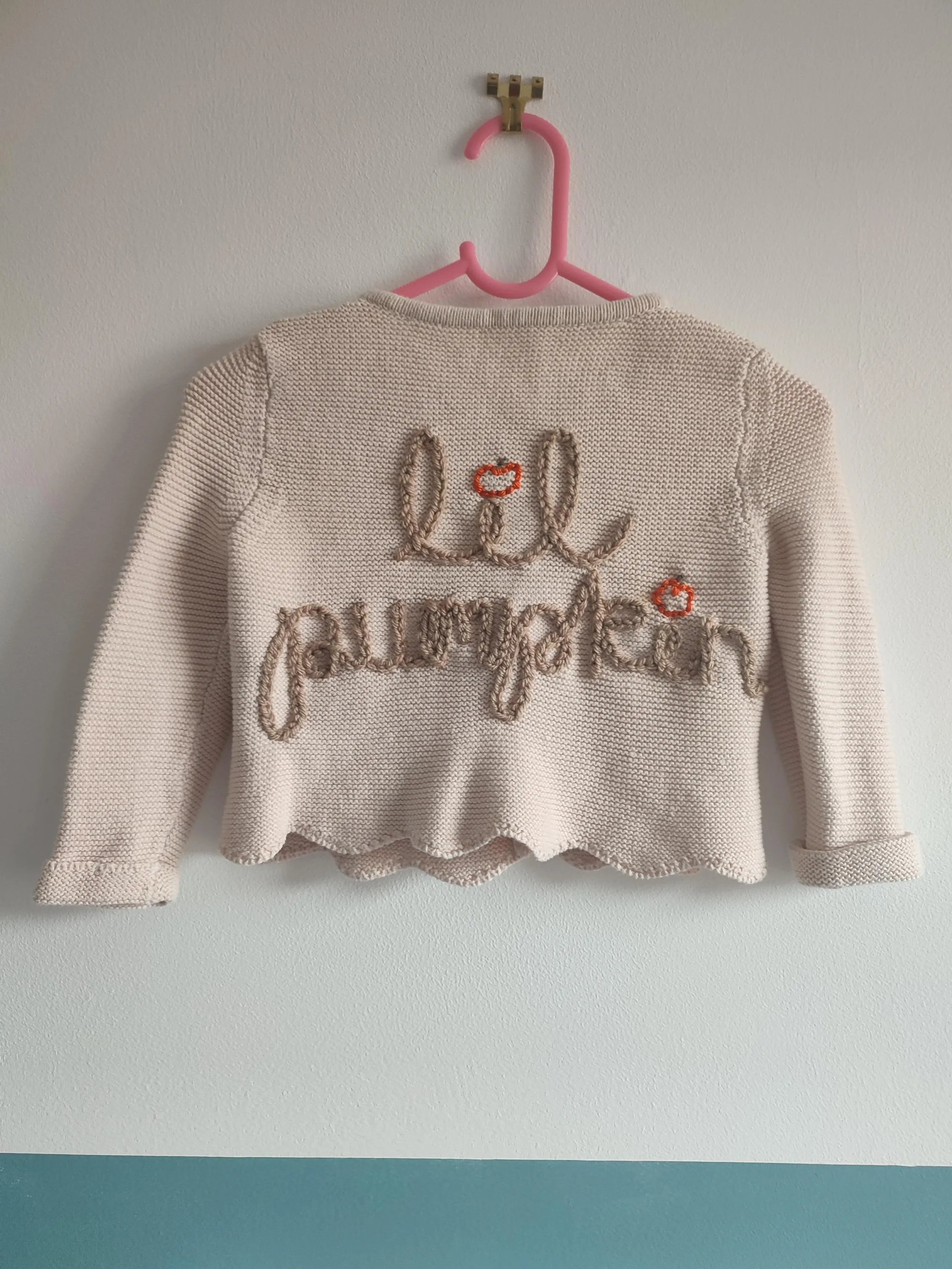 Hand embroidered lil pumpkin cardigan. Size 1-1.5 years, 12-18 months