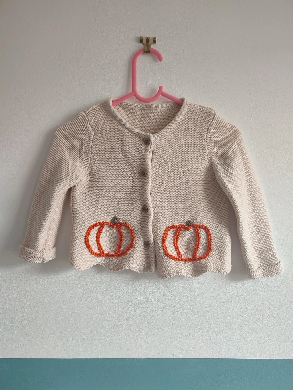 Hand embroidered lil pumpkin cardigan. Size 1-1.5 years, 12-18 months
