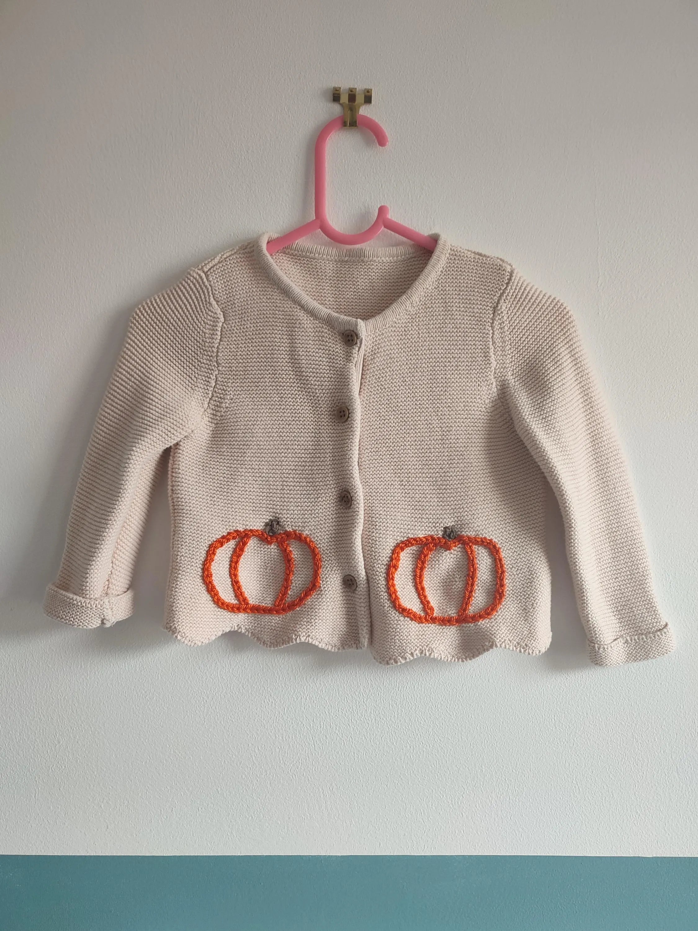 Hand embroidered lil pumpkin cardigan. Size 1-1.5 years, 12-18 months
