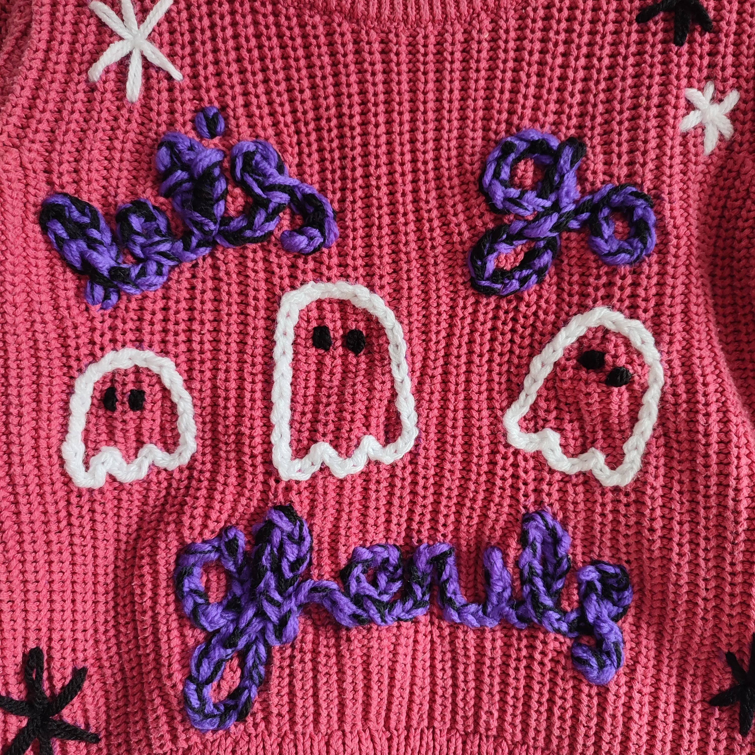 Hand Embroidered Halloween Jumper, Pink Ghost Sweater, 12-18 Months