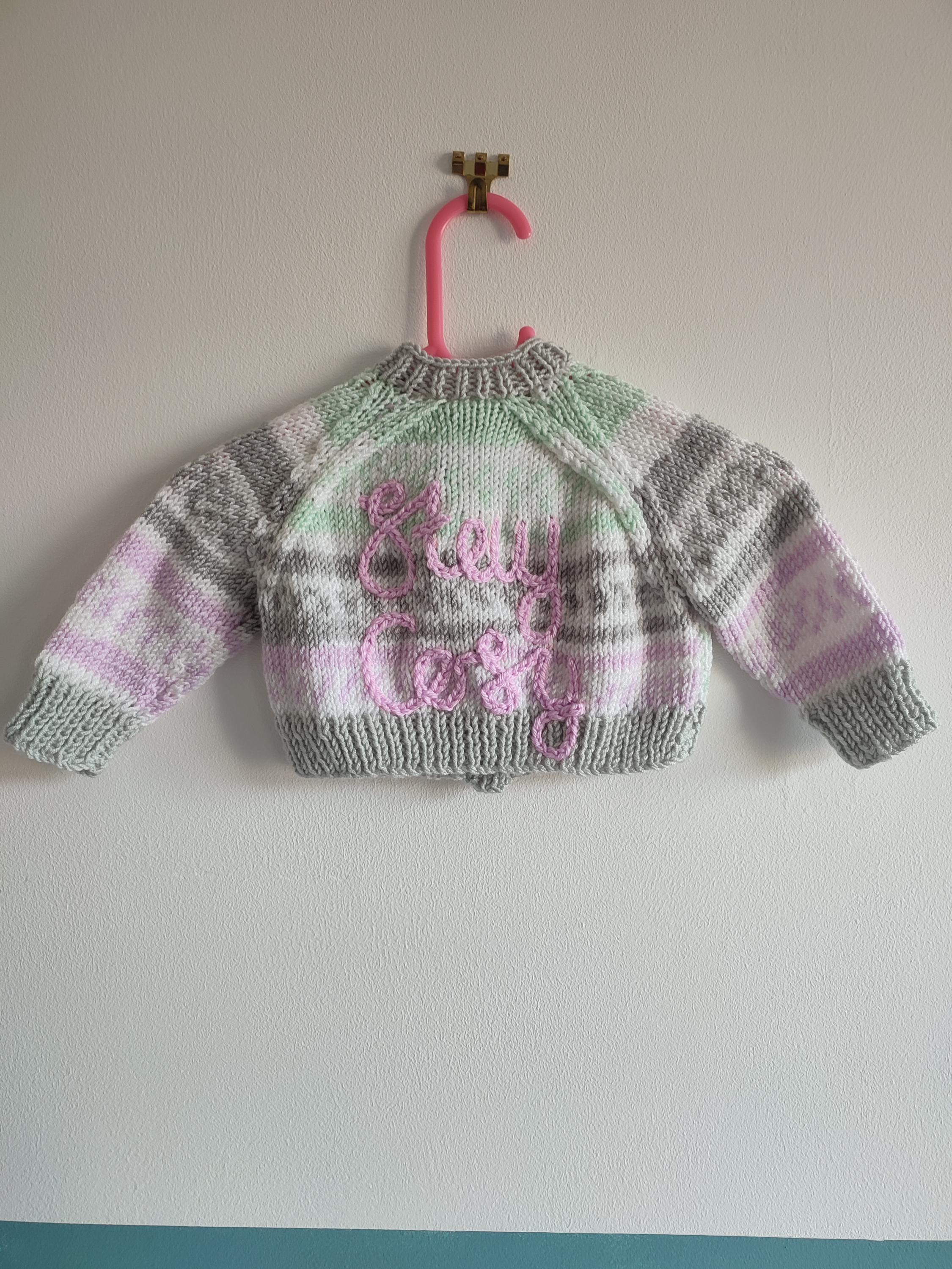 Hand Knitted Baby Cardigan, Embroidered Wool Sweater (0-3 Months)