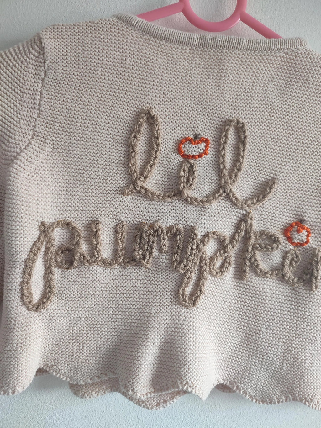 Hand embroidered lil pumpkin cardigan. Size 1-1.5 years, 12-18 months