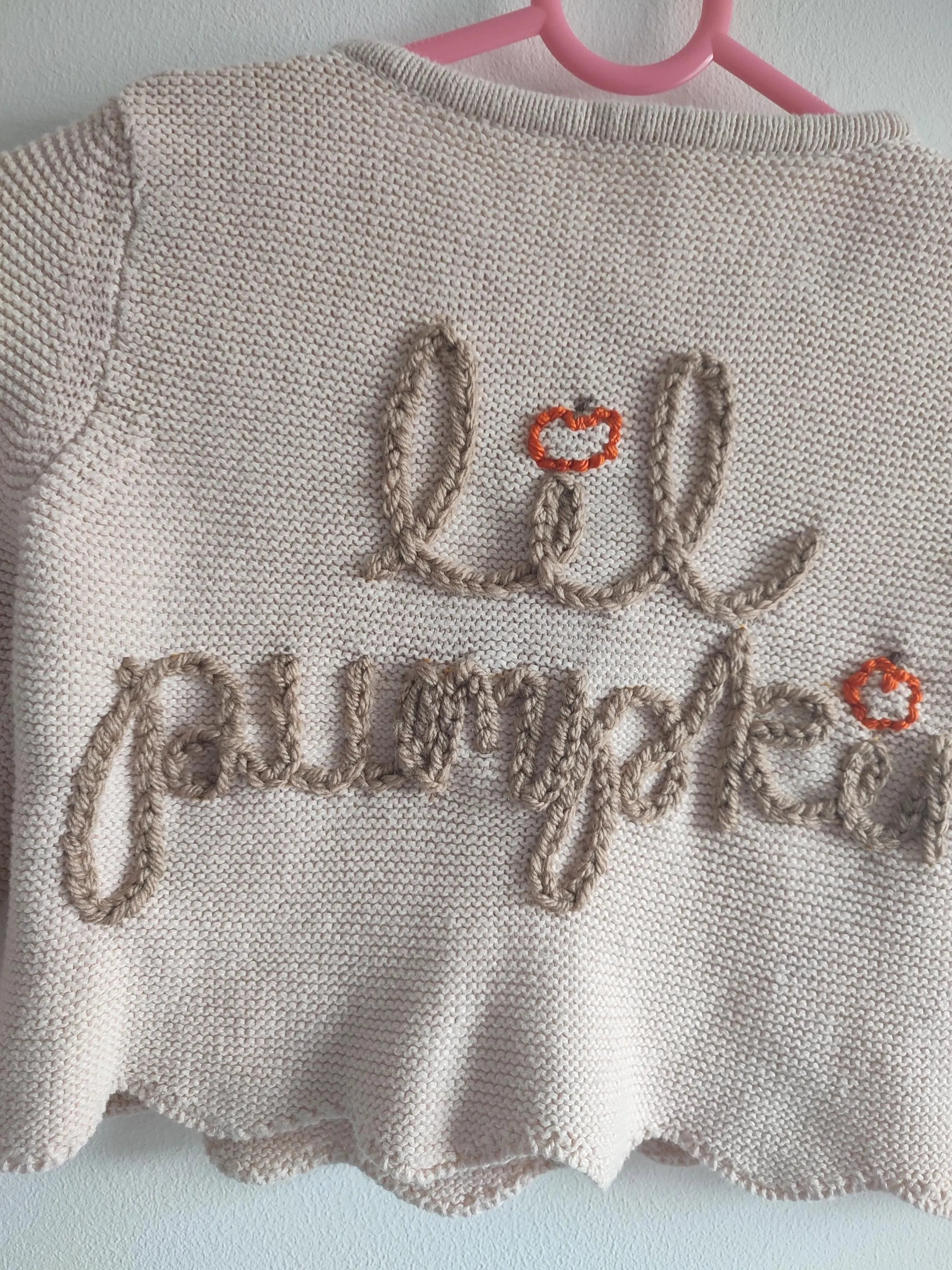 Hand embroidered lil pumpkin cardigan. Size 1-1.5 years, 12-18 months
