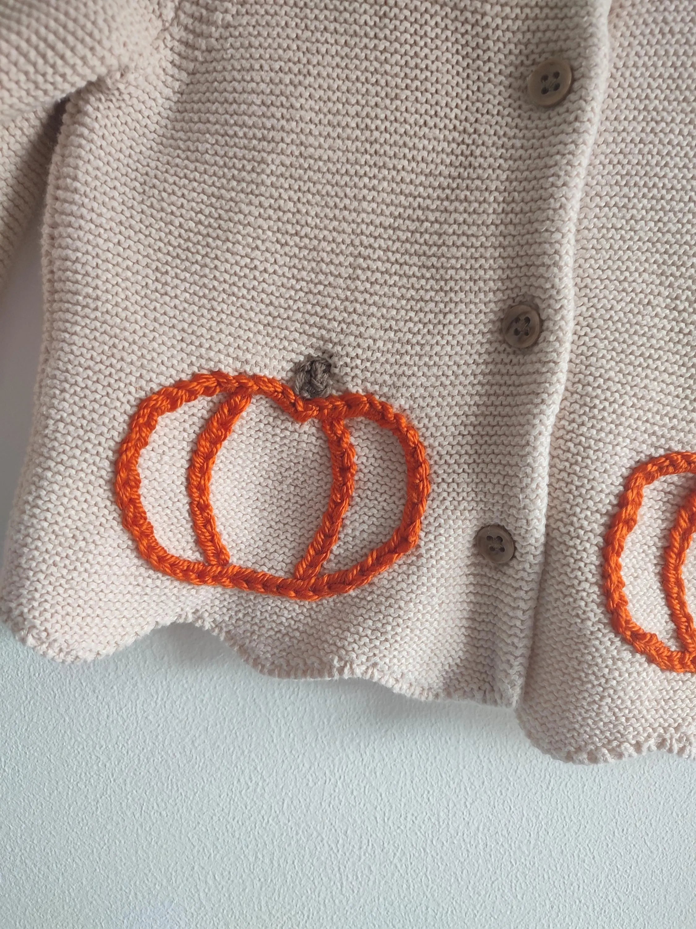 Hand embroidered lil pumpkin cardigan. Size 1-1.5 years, 12-18 months