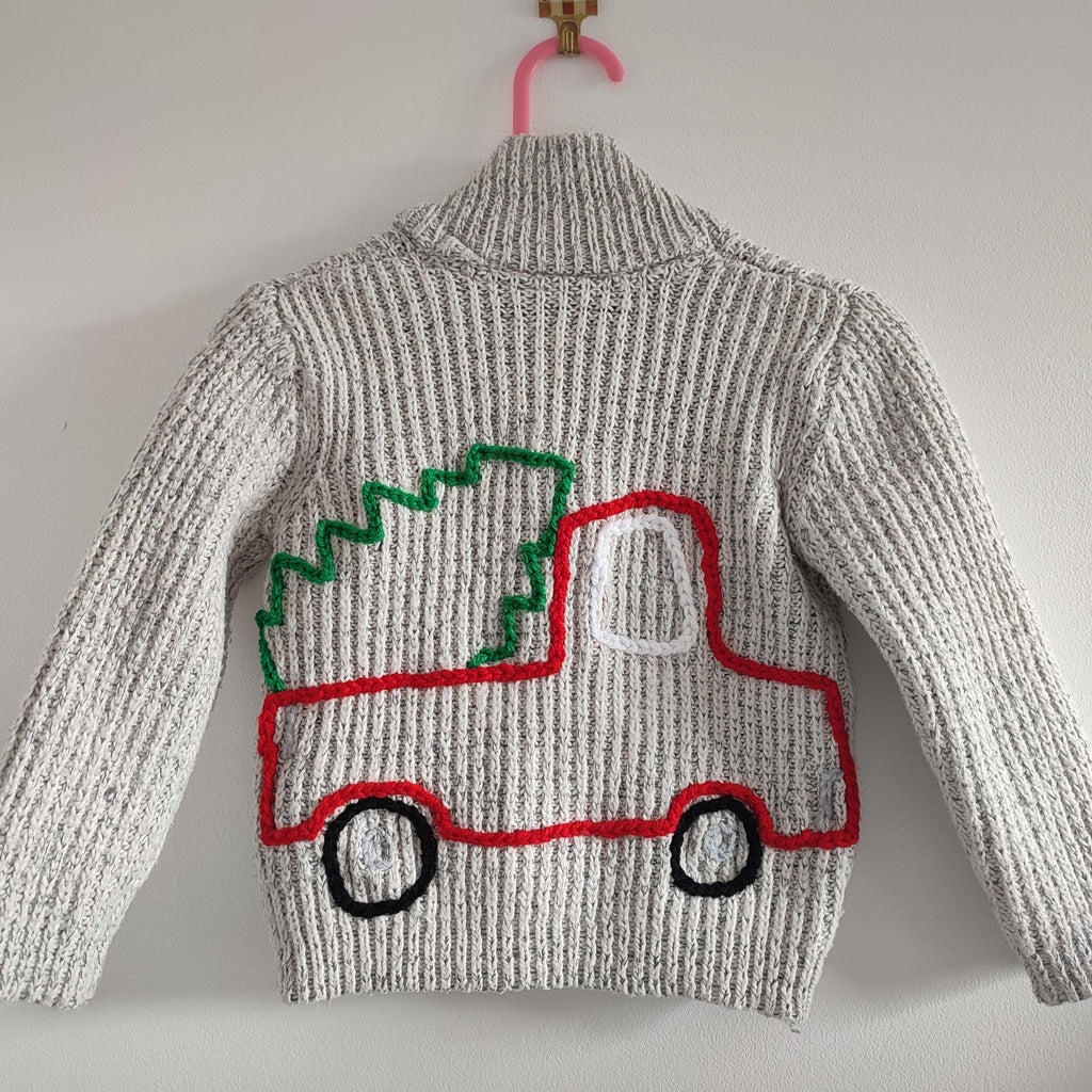 Hand embroidered Christmas tree truck cardigan. Size 1.5-2 years