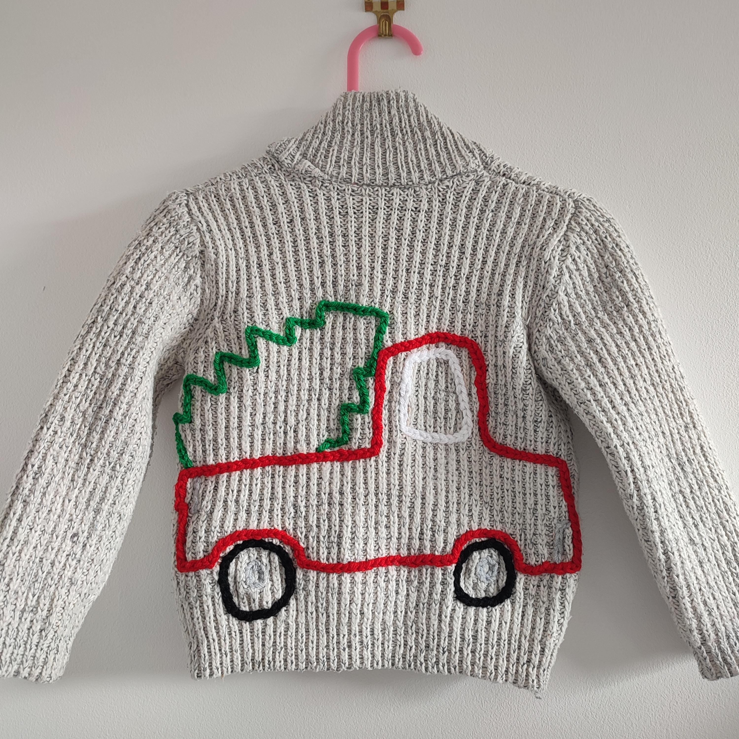 Hand embroidered Christmas tree truck cardigan. Size 1.5-2 years