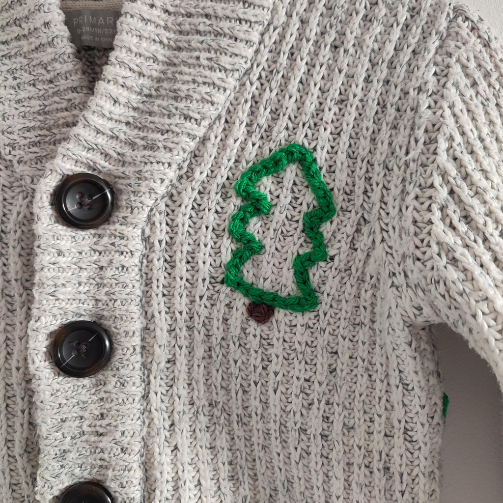 Hand embroidered Christmas tree truck cardigan. Size 1.5-2 years