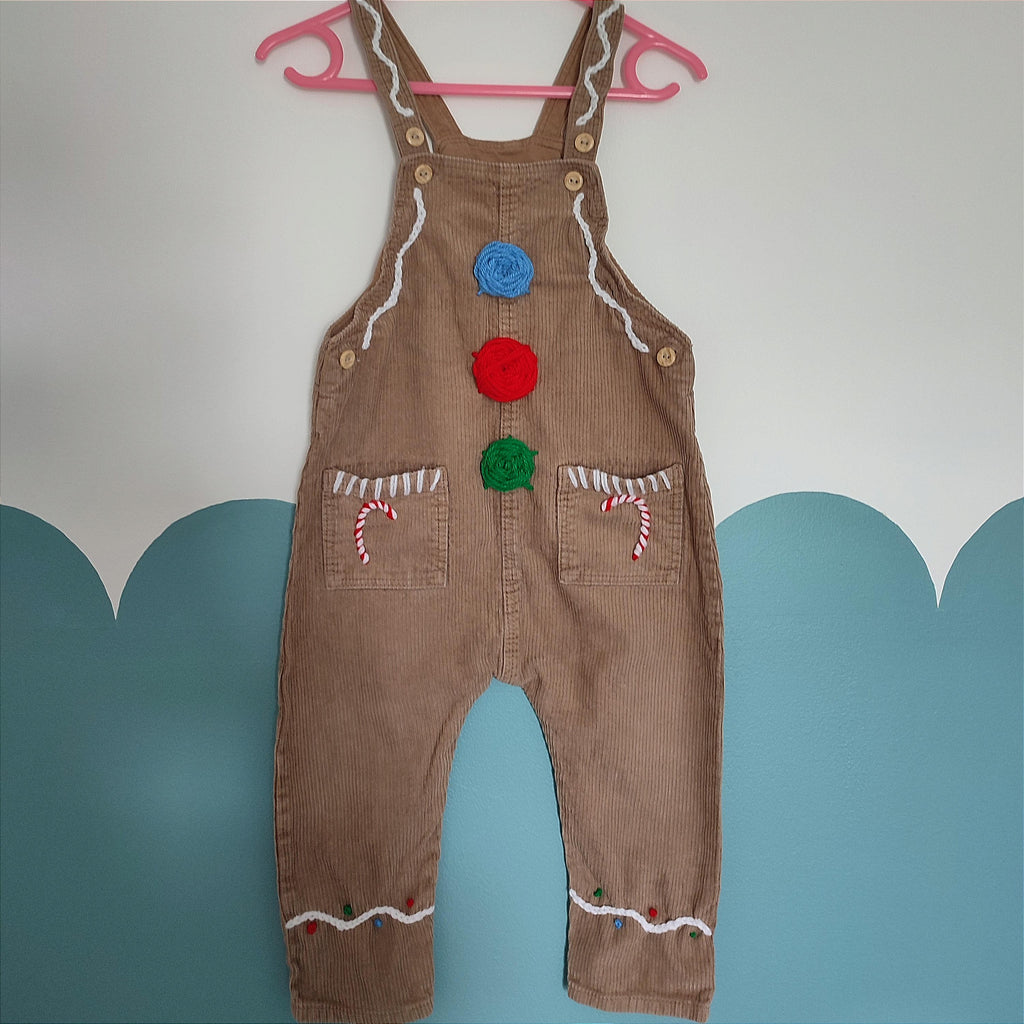 Hand Embroidered Gingerbread Corduroy Christmas Dungarees, 1.5-2 Years