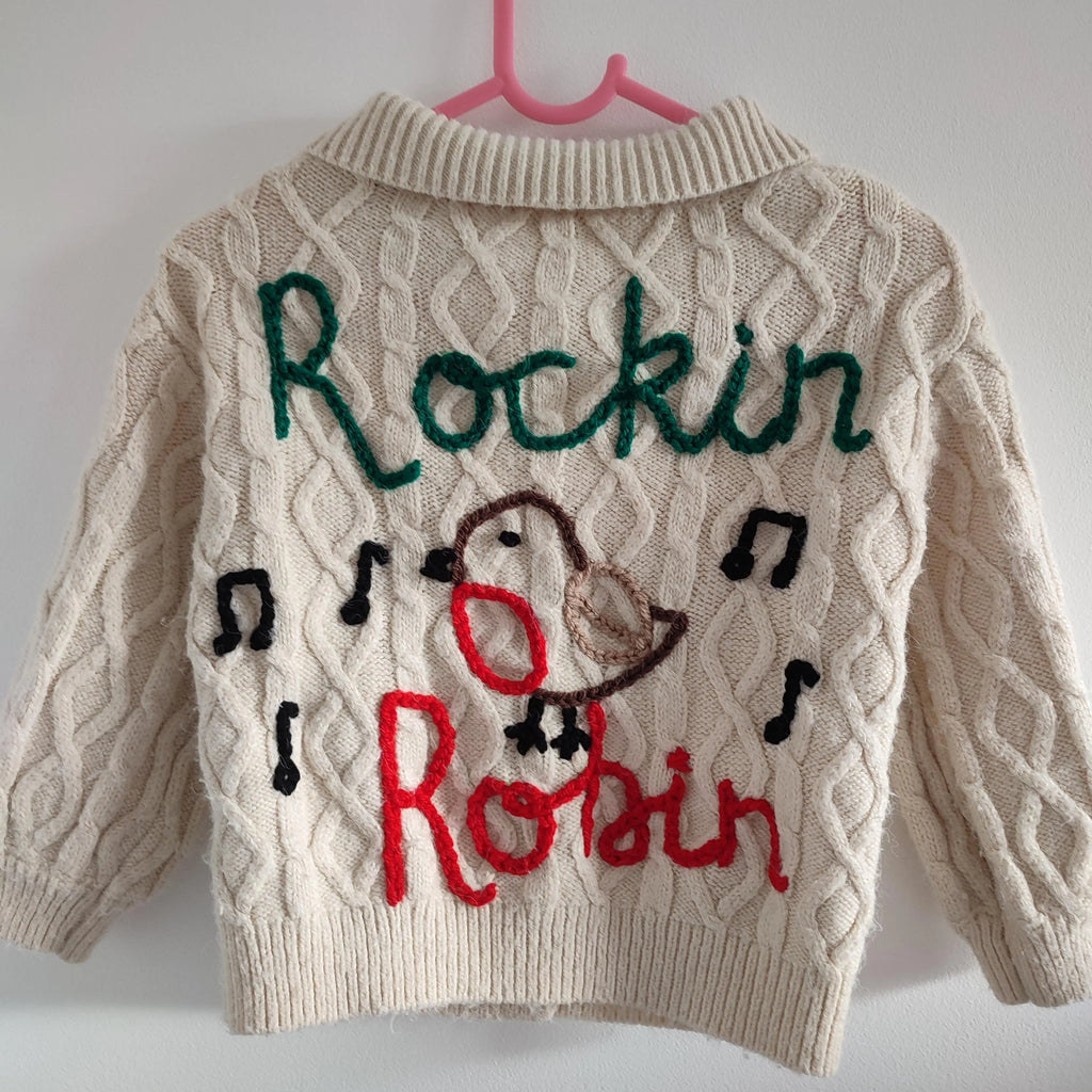 Hand embroidered rocking robin Christmas cardigan. Size 18-24 months
