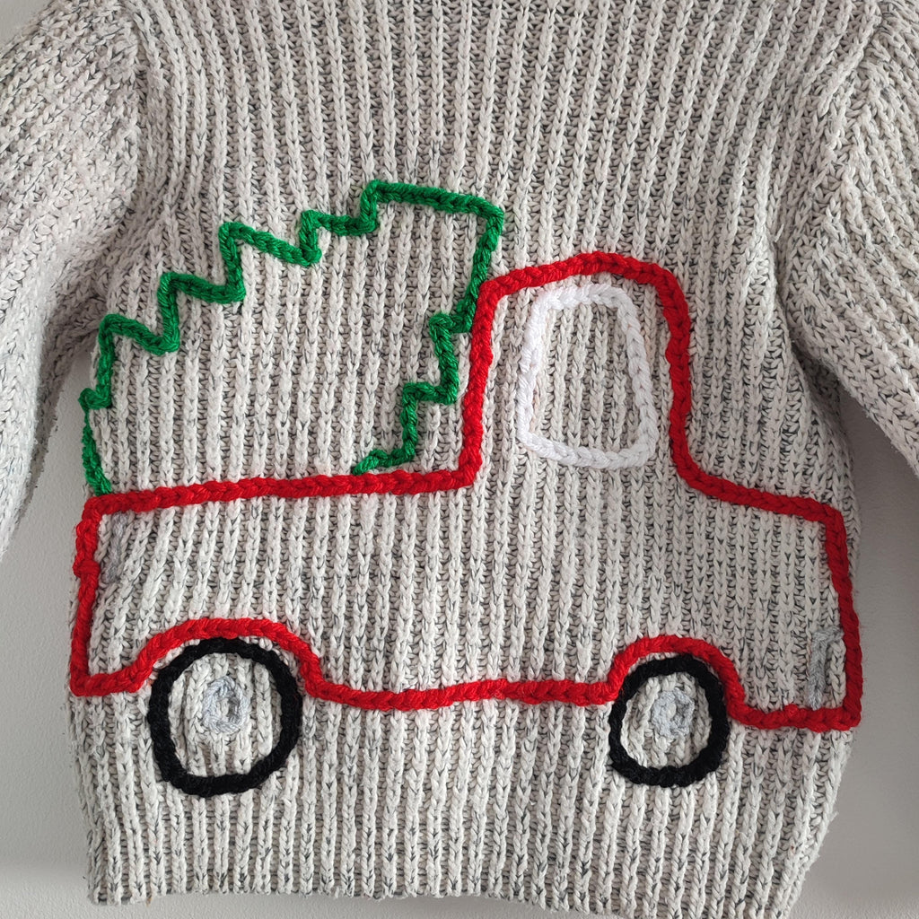 Hand embroidered Christmas tree truck cardigan. Size 1.5-2 years
