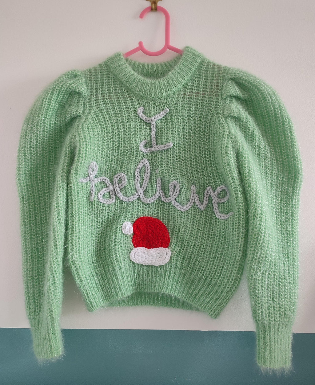 Ready to buy hand embroidered I believe Santa jumper. Green sparkle knit. Size 5 years