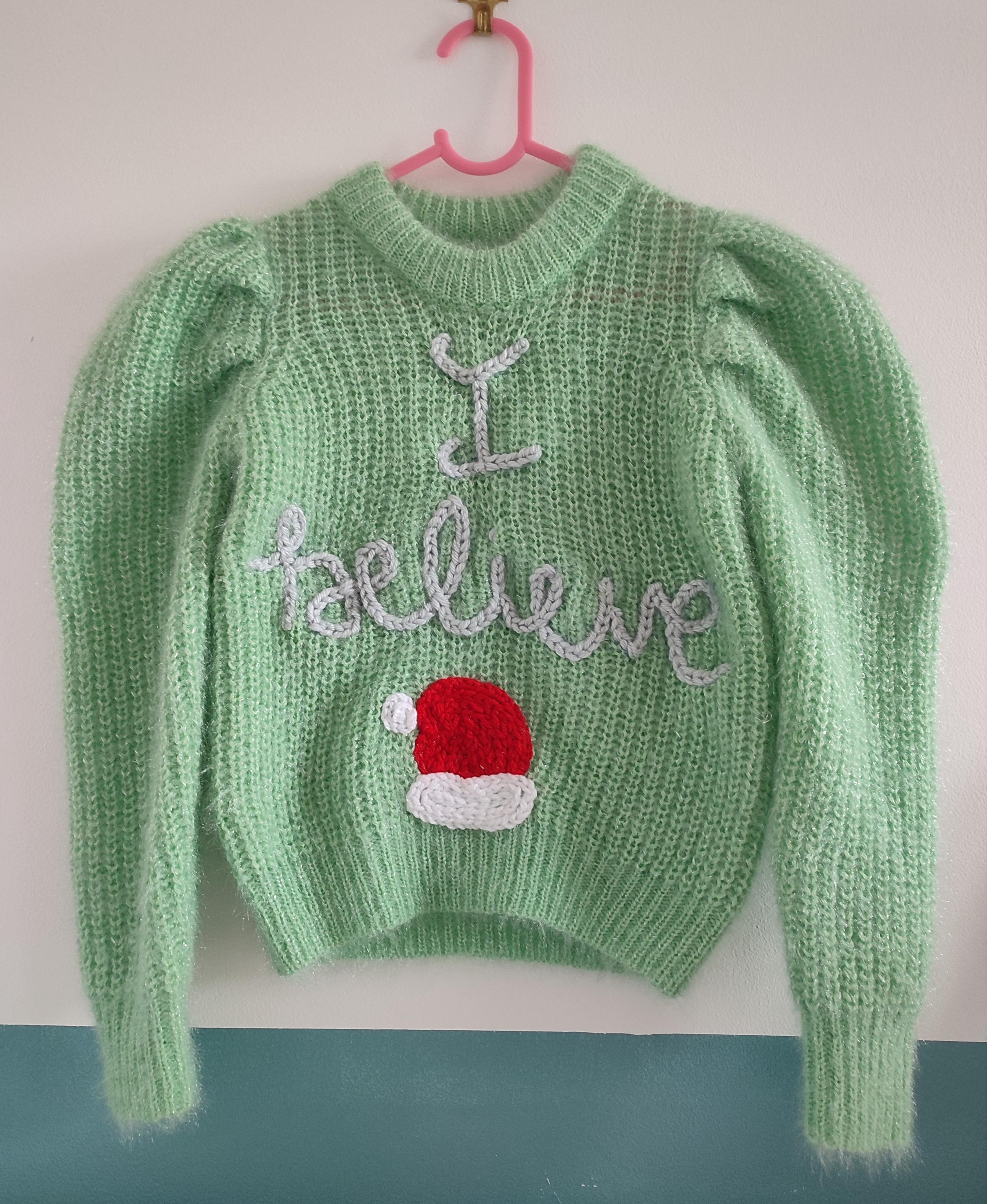Ready to buy hand embroidered I believe Santa jumper. Green sparkle knit. Size 5 years