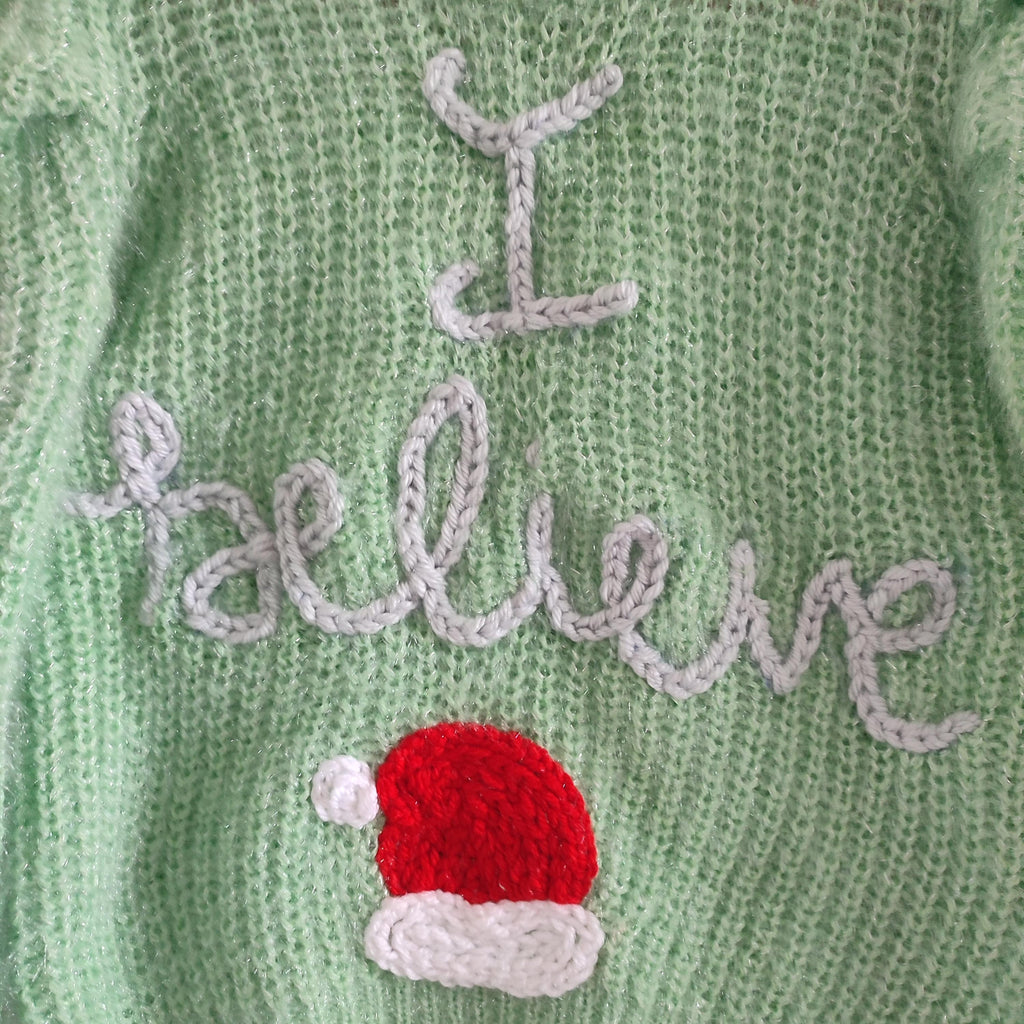 Ready to buy hand embroidered I believe Santa jumper. Green sparkle knit. Size 5 years