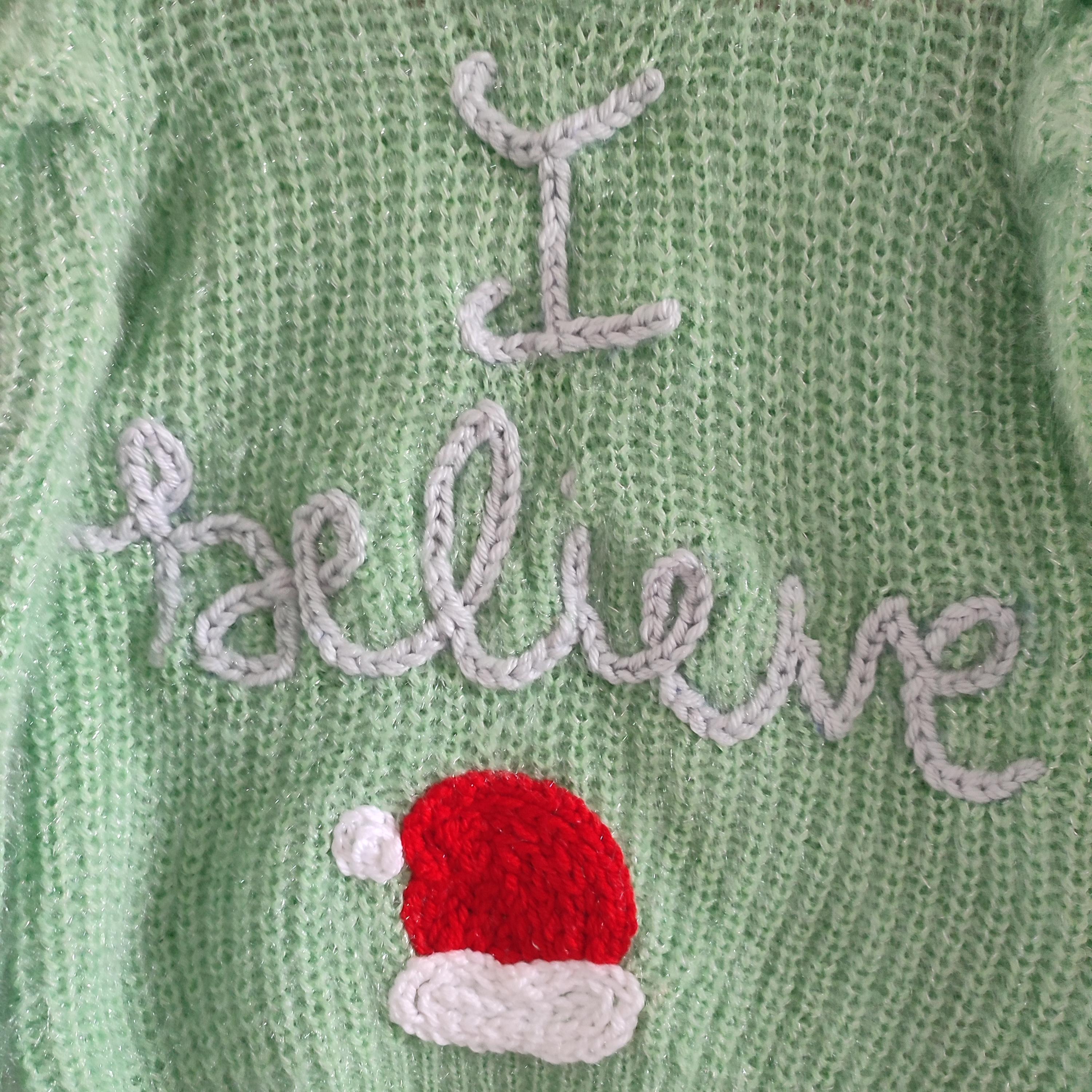 Ready to buy hand embroidered I believe Santa jumper. Green sparkle knit. Size 5 years