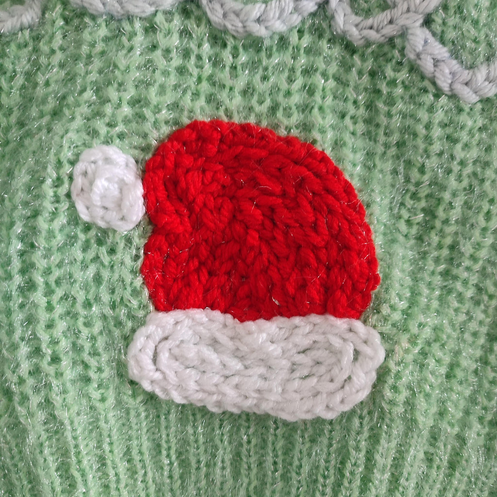 Ready to buy hand embroidered I believe Santa jumper. Green sparkle knit. Size 5 years