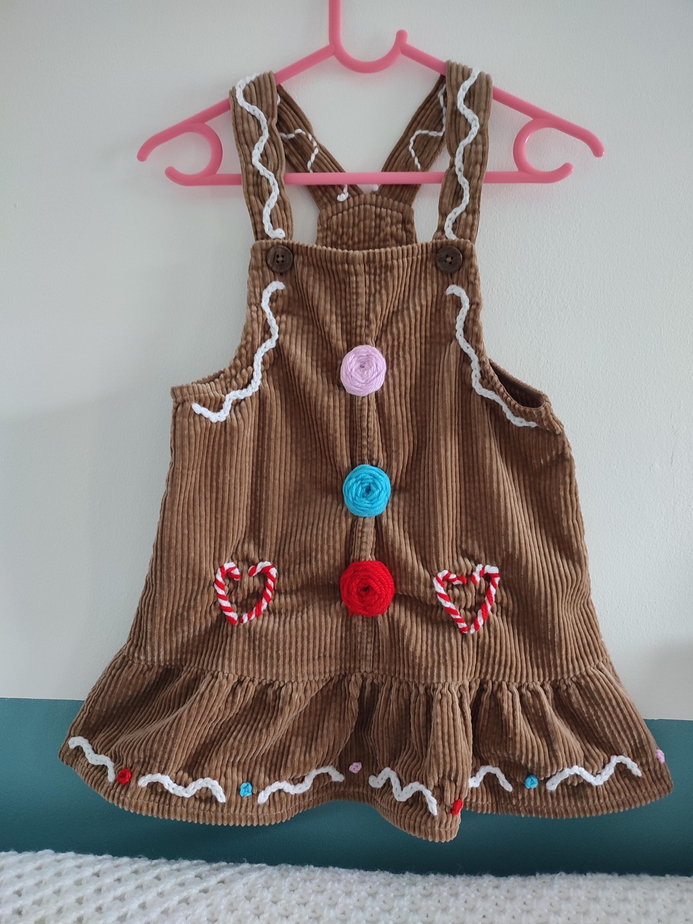 Hand Embroidered Gingerbread Christmas Dress, Gumdrop Buttons, Size 3-4 Years