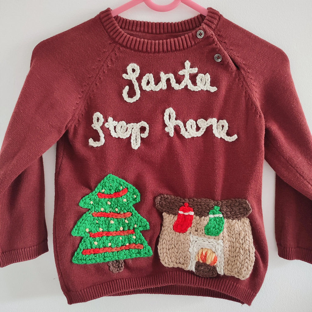 Hand Embroidered Santa Jumper, Christmas Tree Fireplace Design, 18-24 Months